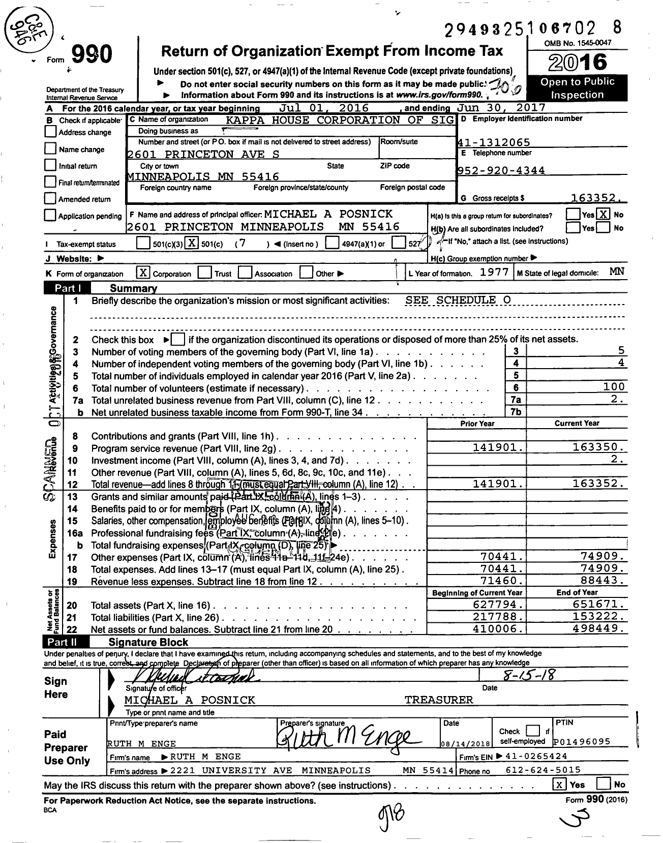 Image of first page of 2016 Form 990O for Kappa House Corporation of Sig