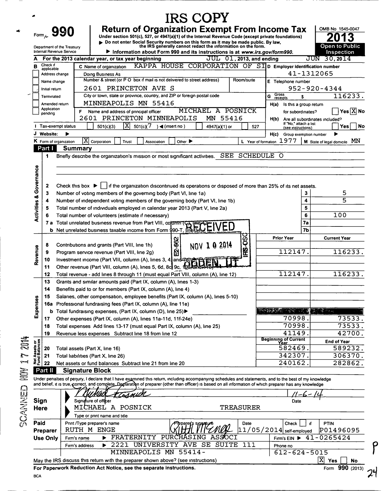 Image of first page of 2013 Form 990O for Kappa House Corporation of Sig