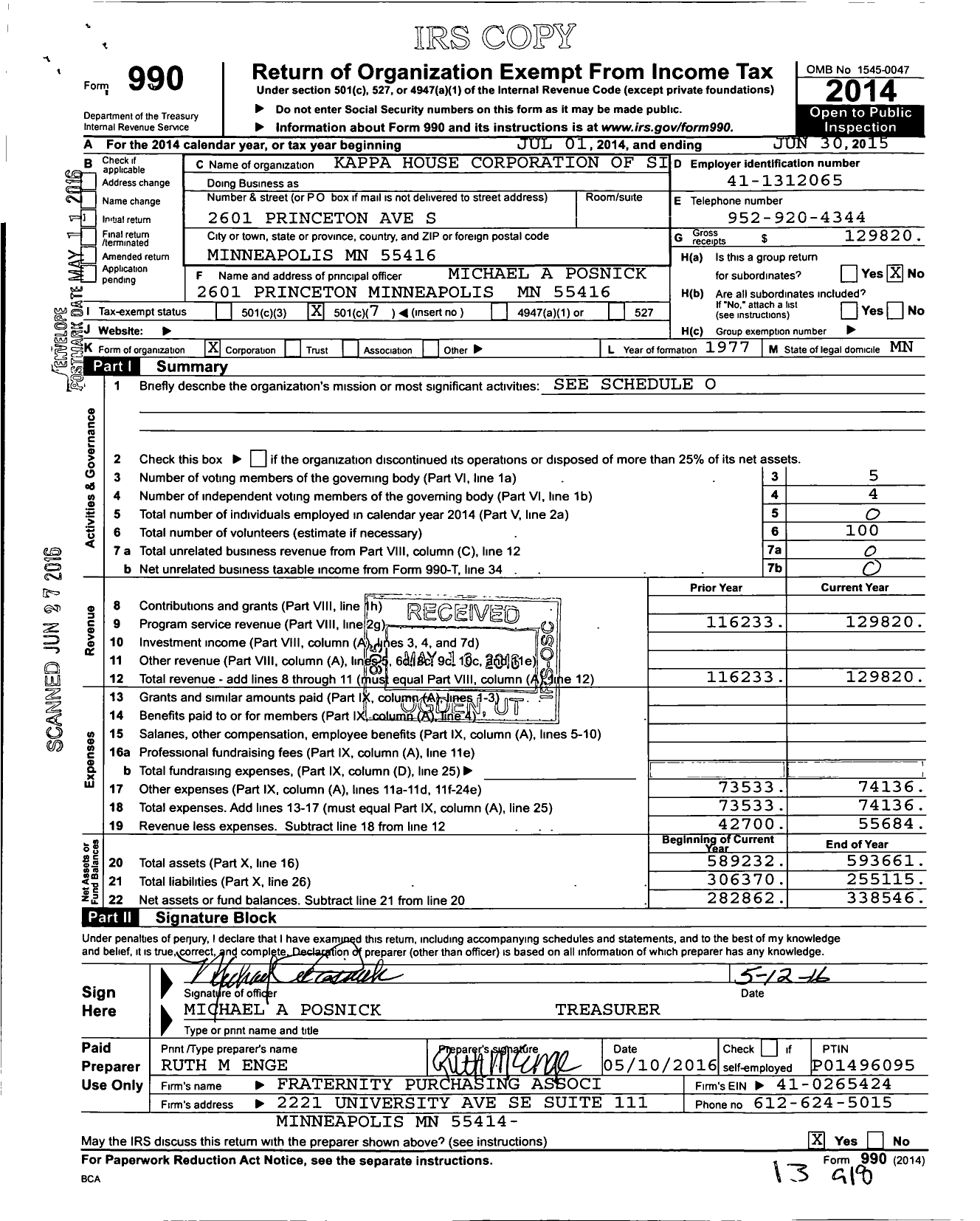 Image of first page of 2014 Form 990O for Kappa House Corporation of Sig