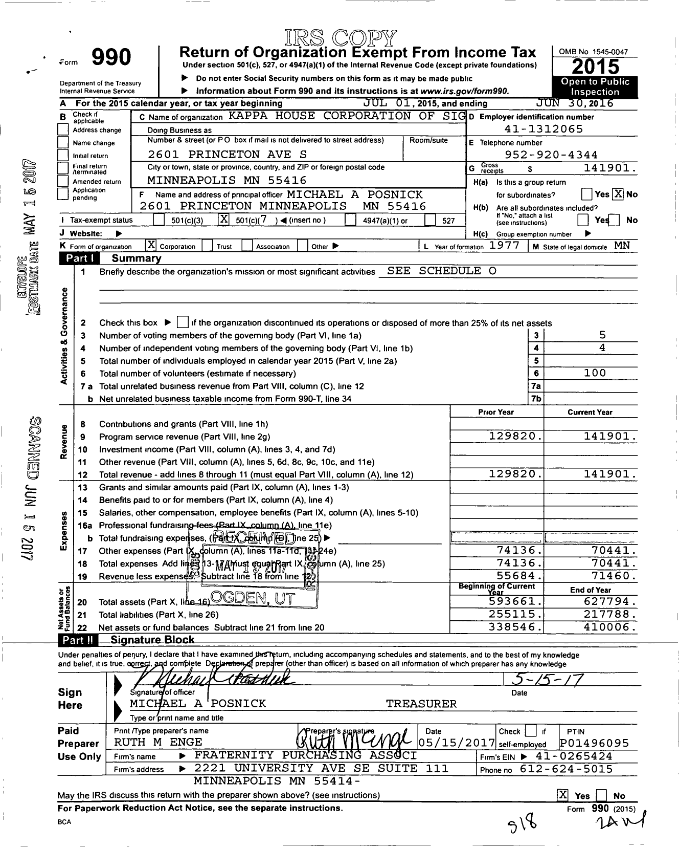 Image of first page of 2015 Form 990O for Kappa House Corporation of Sig