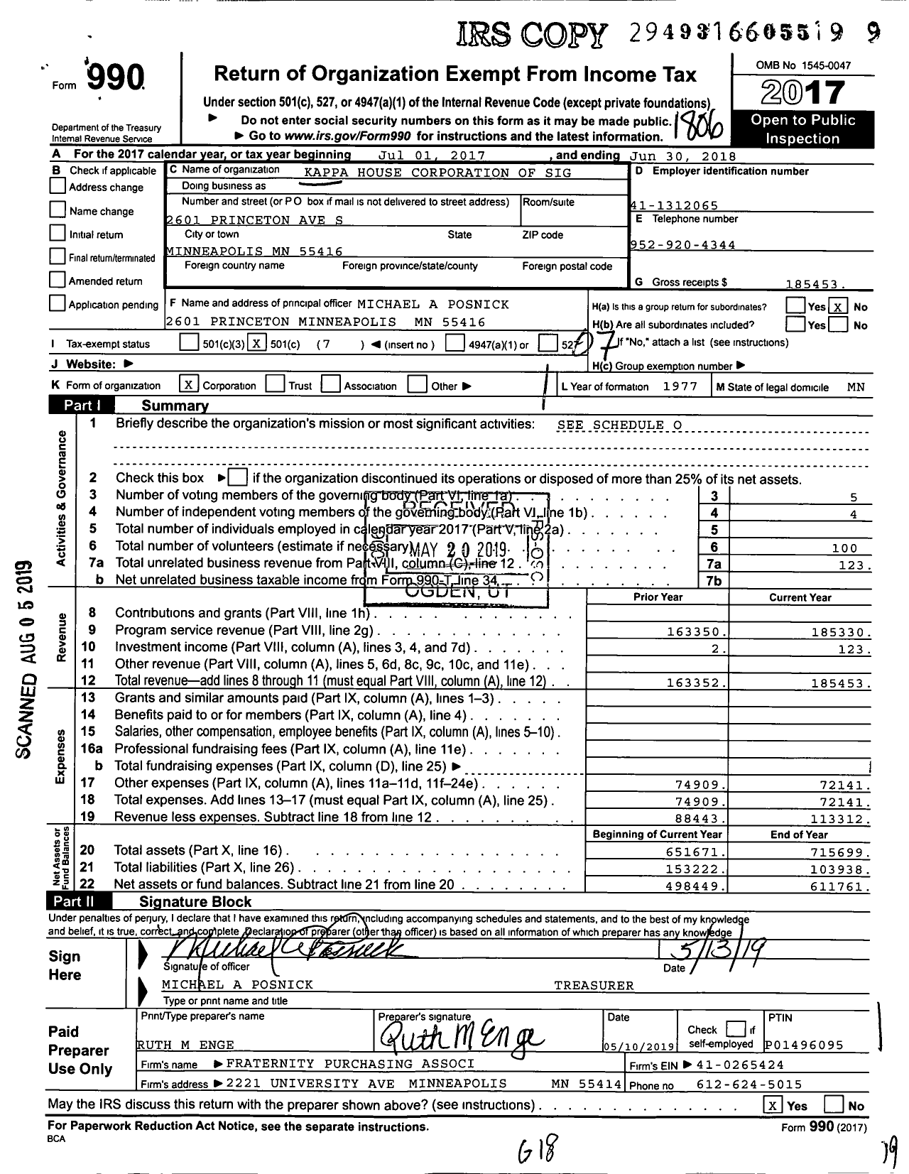 Image of first page of 2017 Form 990O for Kappa House Corporation of Sig