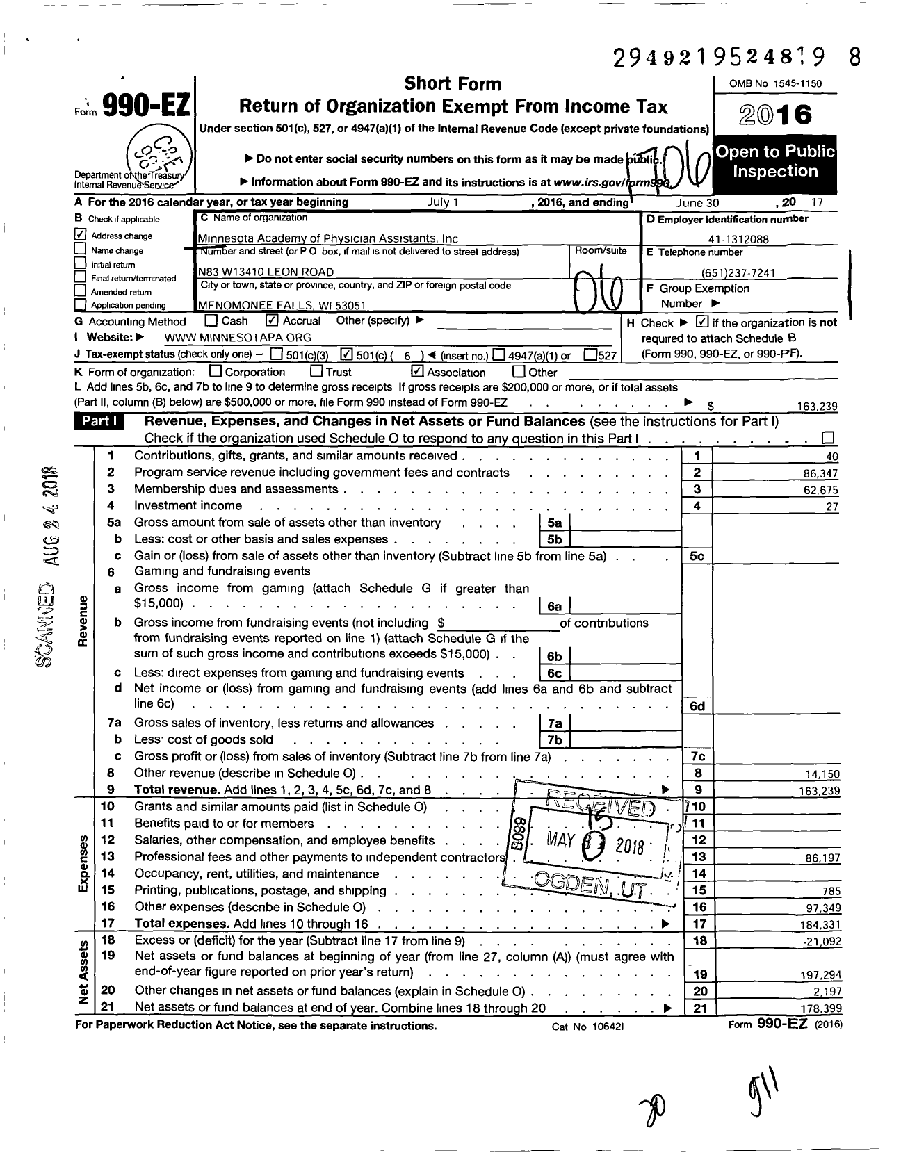 Image of first page of 2016 Form 990EO for Minnesota Academy of Physician Assistants