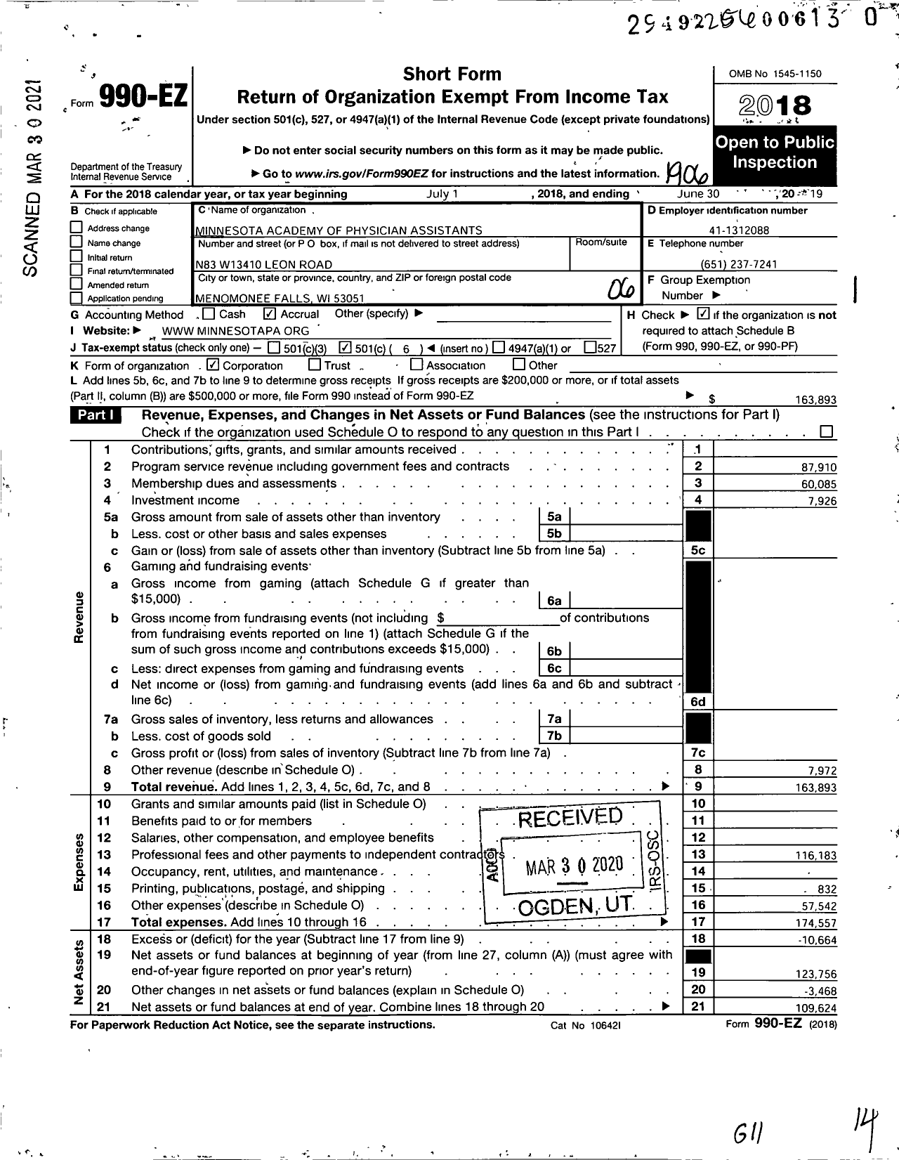 Image of first page of 2018 Form 990EO for Minnesota Academy of Physician Assistants