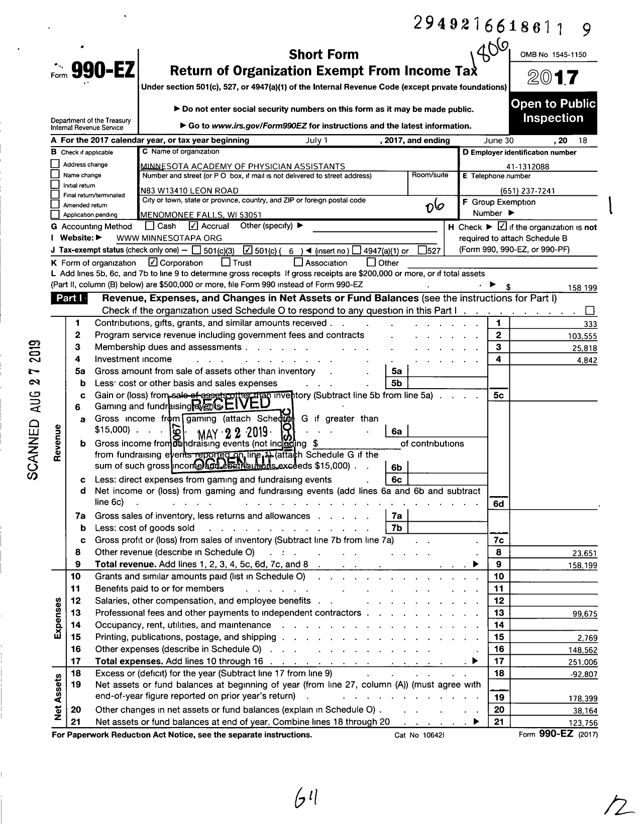 Image of first page of 2017 Form 990EO for Minnesota Academy of Physician Assistants