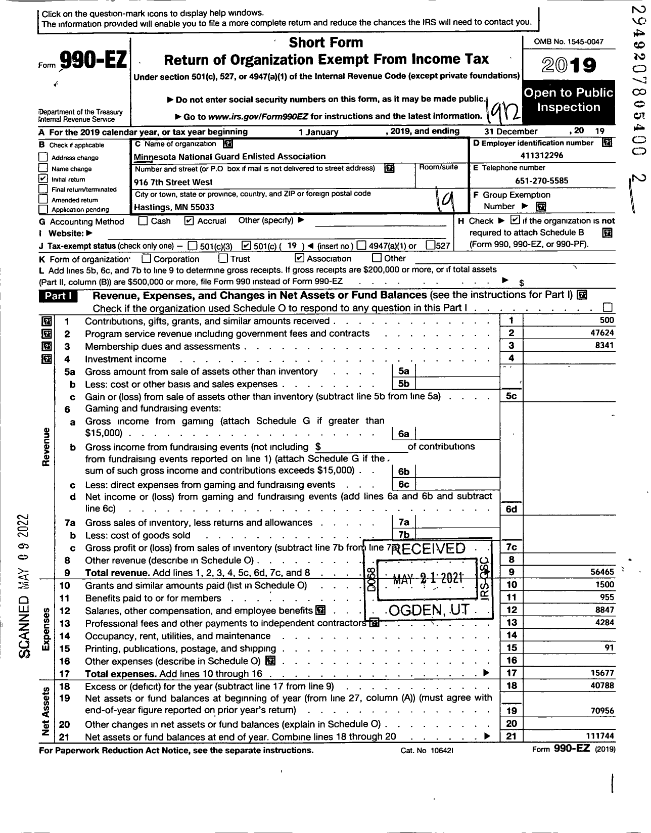 Image of first page of 2019 Form 990EO for Minnesota National Guard Enlisted Association