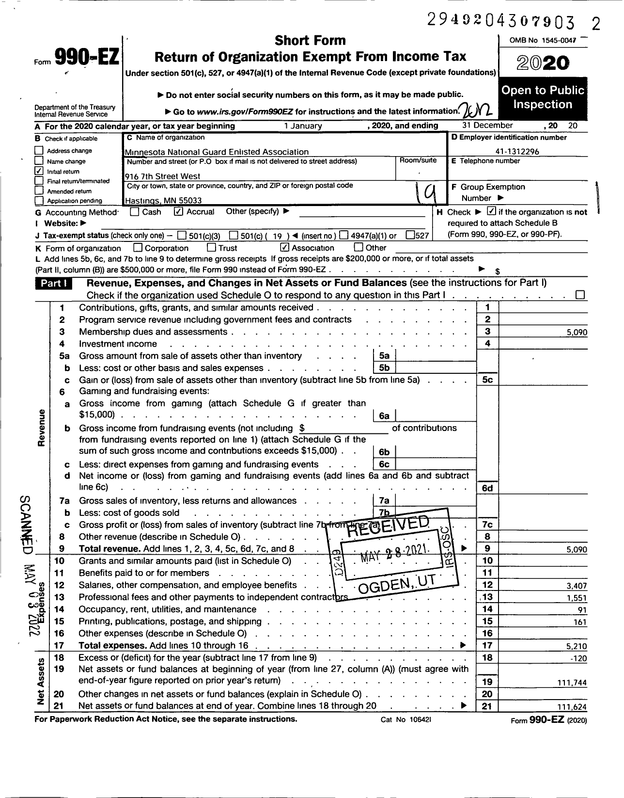 Image of first page of 2020 Form 990EO for Minnesota National Guard Enlisted Association