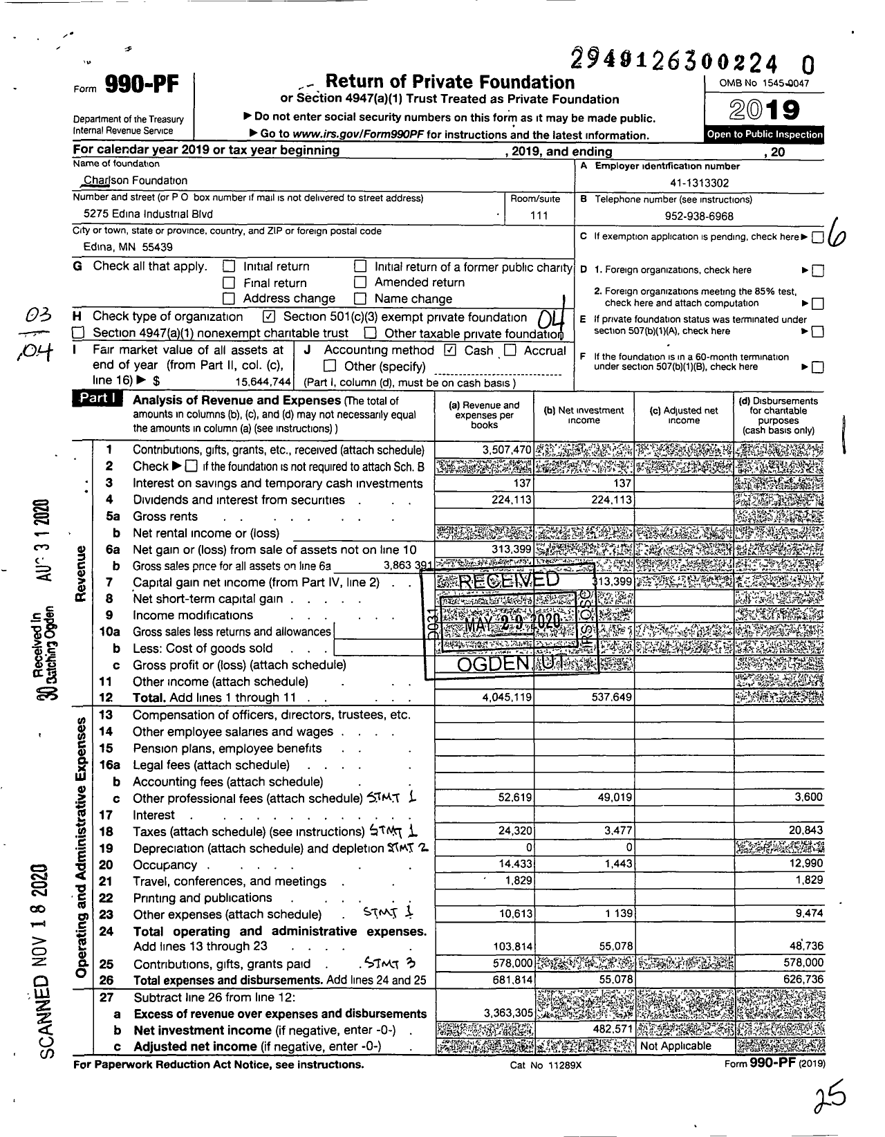 Image of first page of 2019 Form 990PF for Charlson Foundation