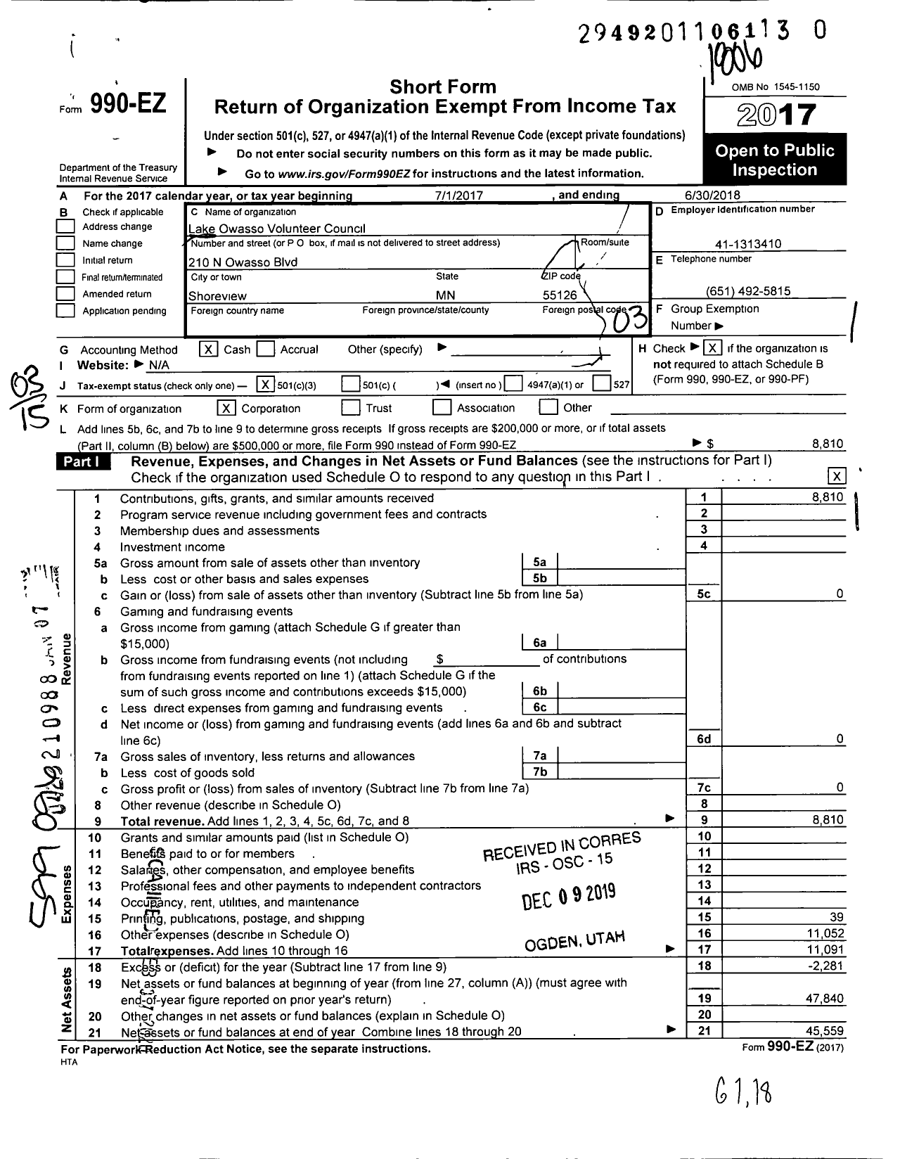 Image of first page of 2017 Form 990EZ for Lake Owasso Residence Volunteer Council