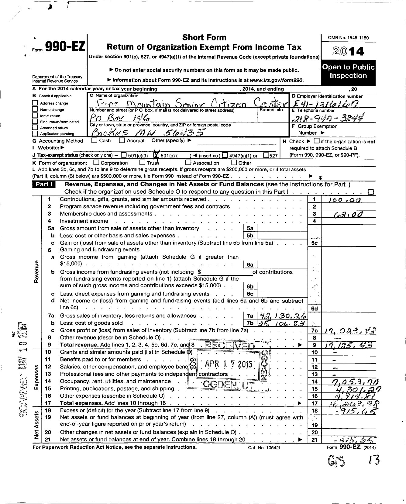 Image of first page of 2014 Form 990EO for Pine Mountaineers Senior Citizens Club