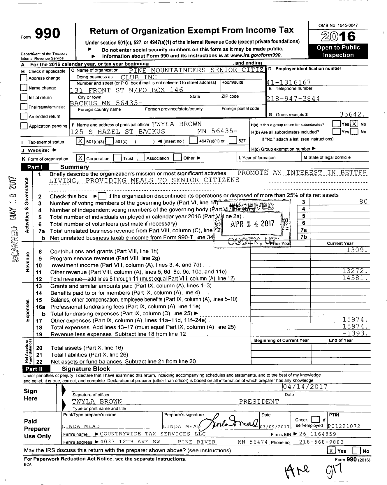 Image of first page of 2016 Form 990 for Pine Mountaineers Senior Citizens Club