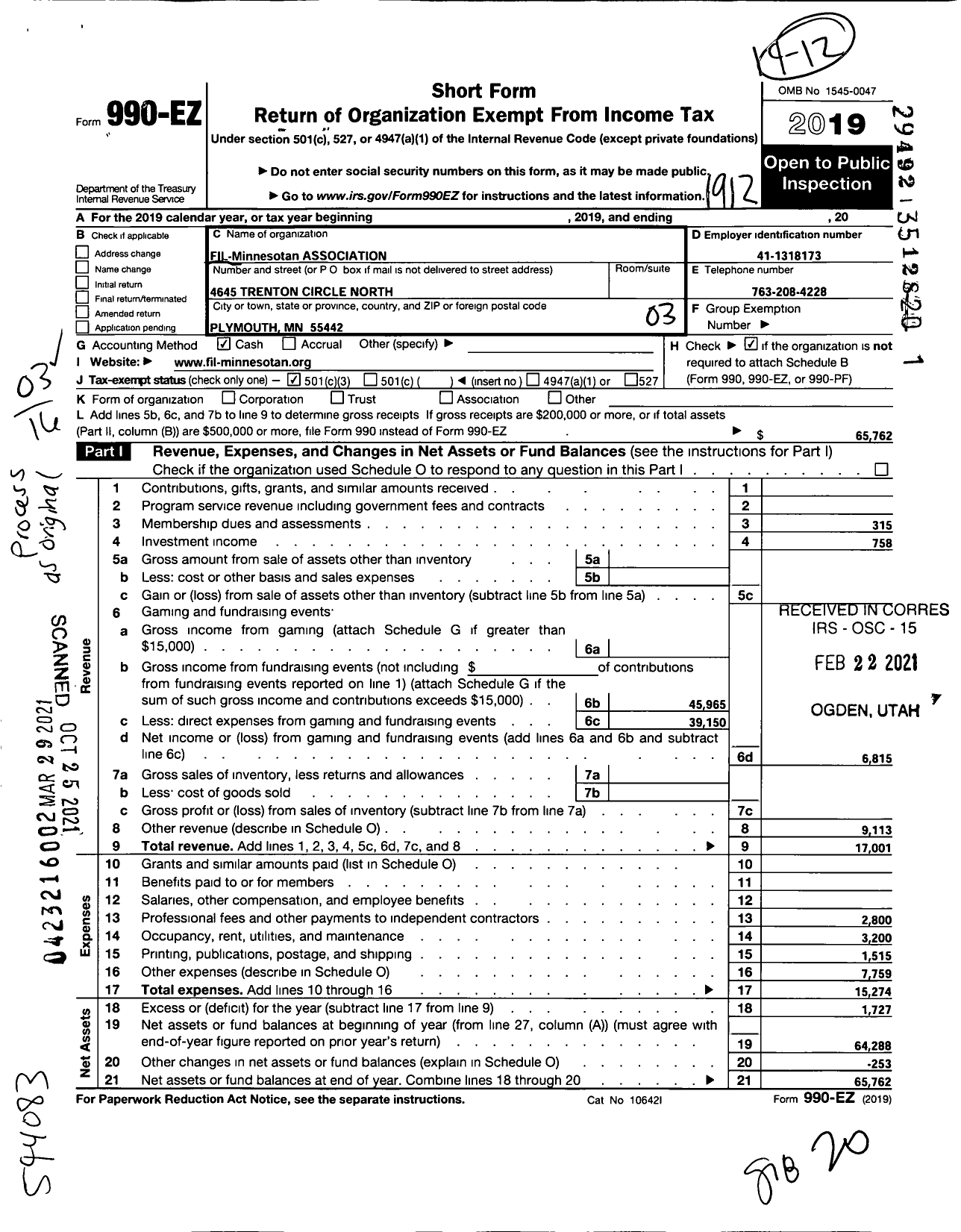 Image of first page of 2019 Form 990EZ for Fil-Minnesotan Association