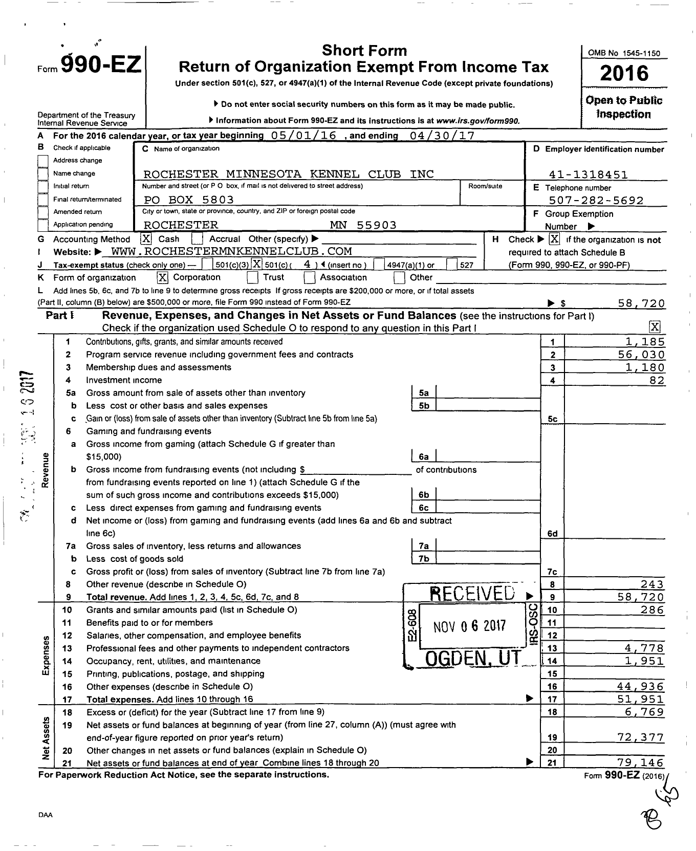 Image of first page of 2016 Form 990EO for Rochester MN Kennel Club