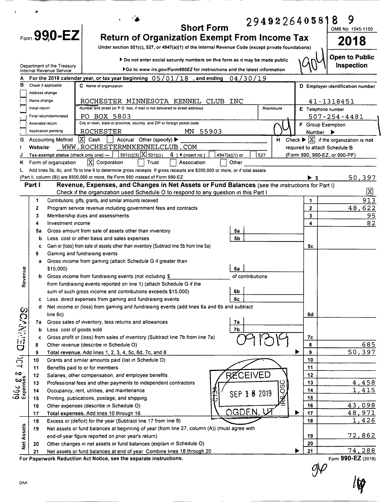 Image of first page of 2018 Form 990EO for Rochester MN Kennel Club