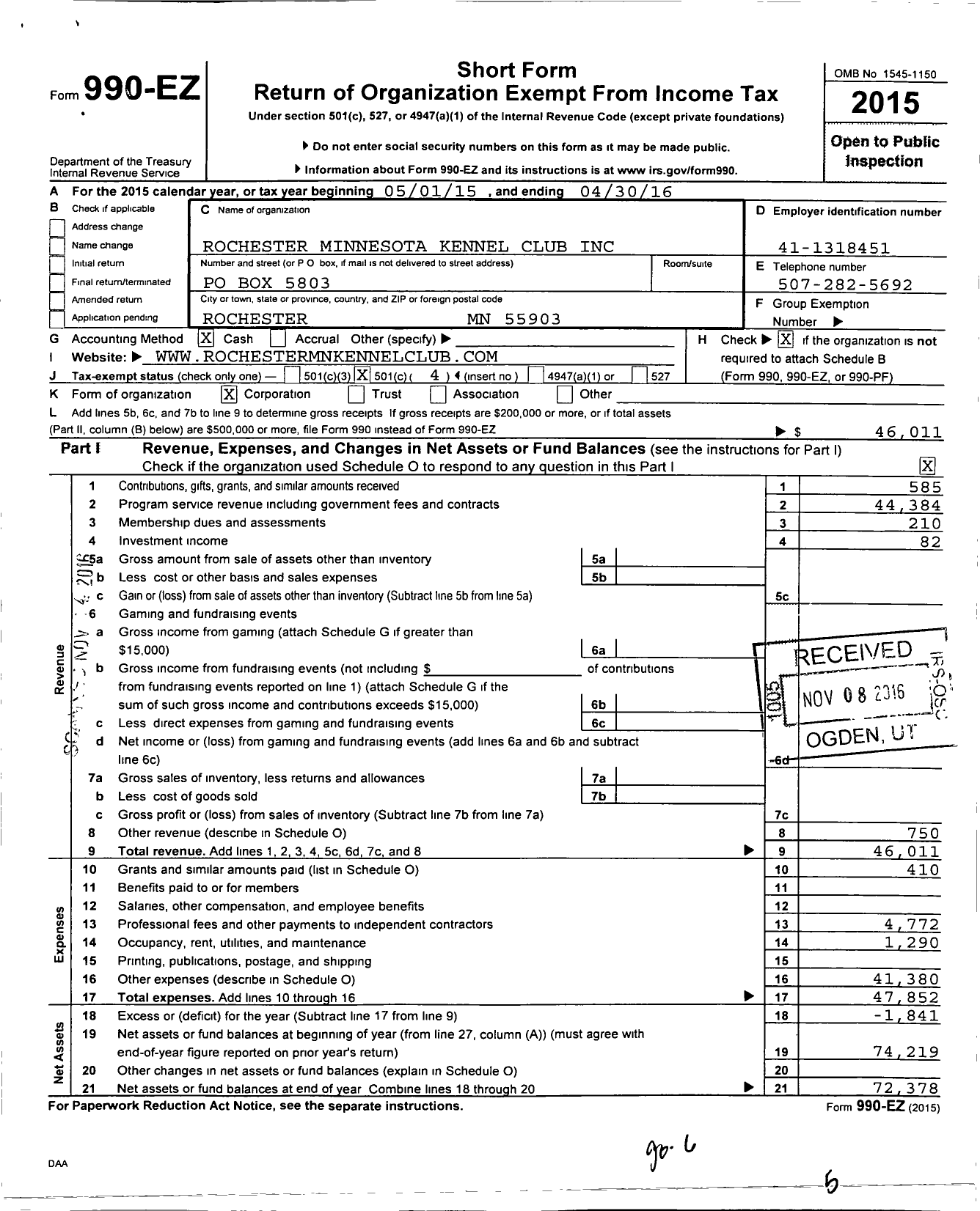 Image of first page of 2015 Form 990EO for Rochester MN Kennel Club