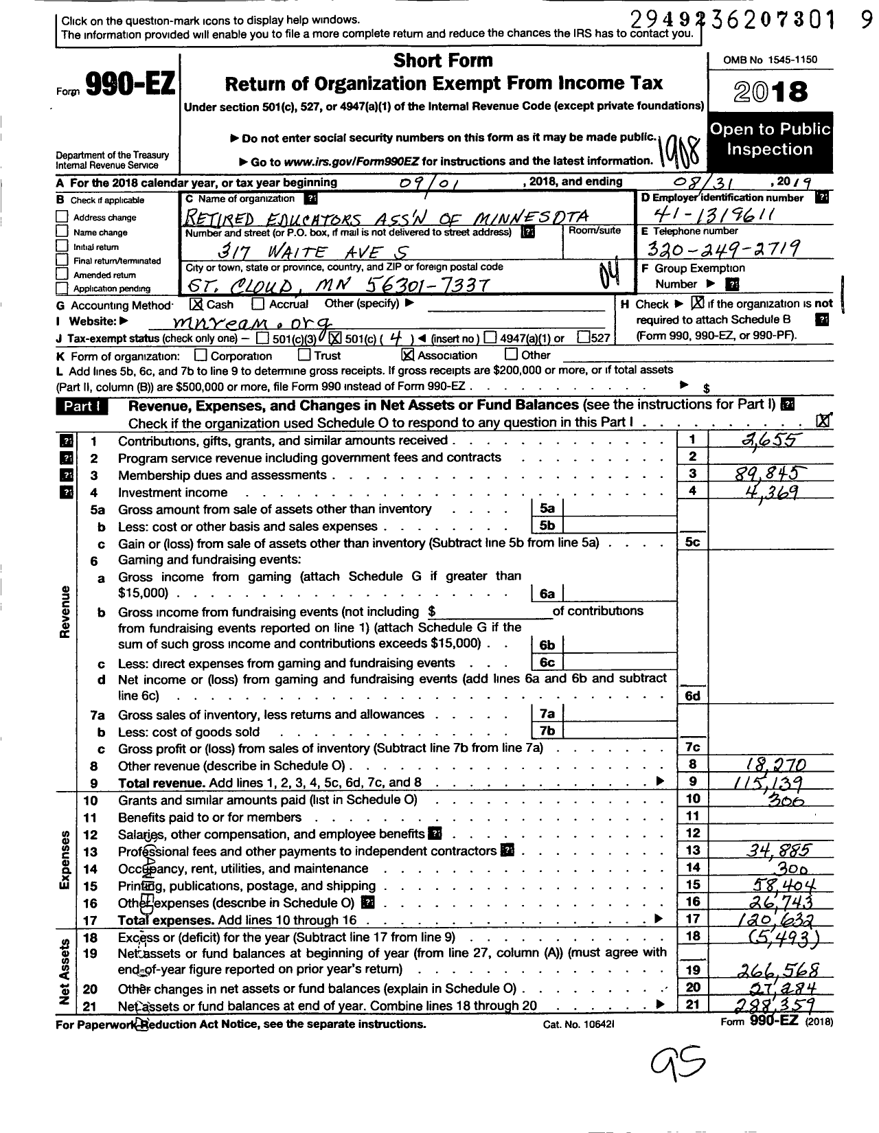 Image of first page of 2018 Form 990EO for Retired Educators Association of Minnesota