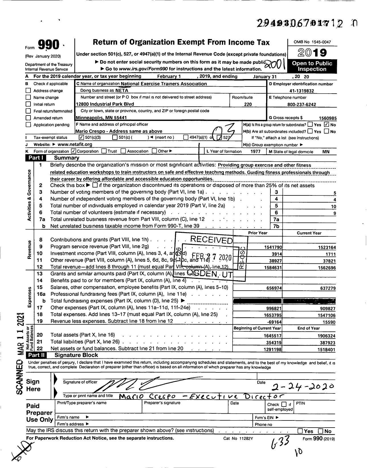 Image of first page of 2019 Form 990 for National Exercise Trainers Association (NETA)