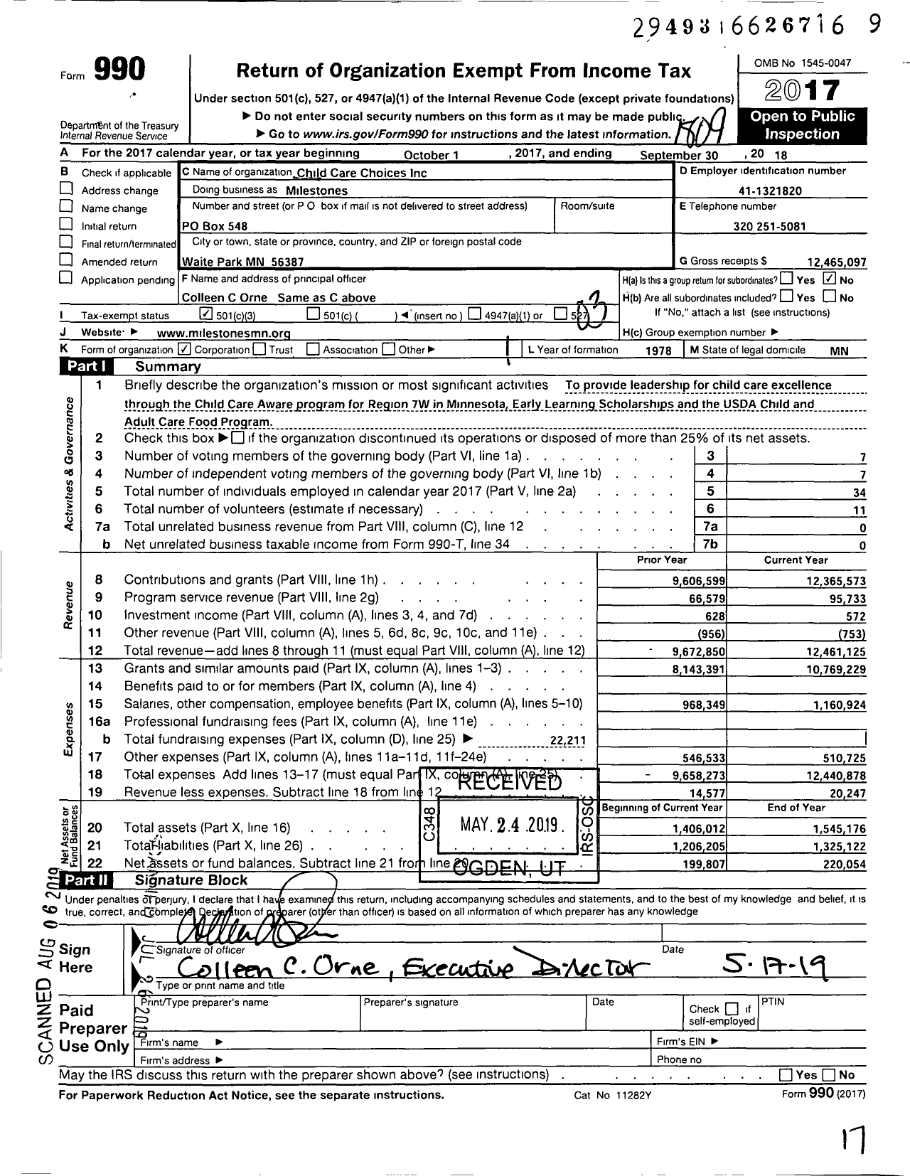 Image of first page of 2017 Form 990 for Milestones / Child Care Choices Inc