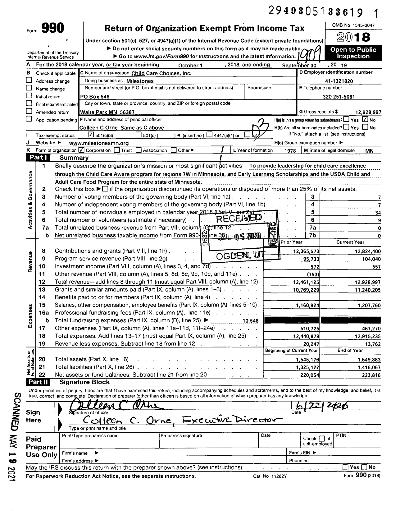 Image of first page of 2018 Form 990 for Milestones / Child Care Choices Inc