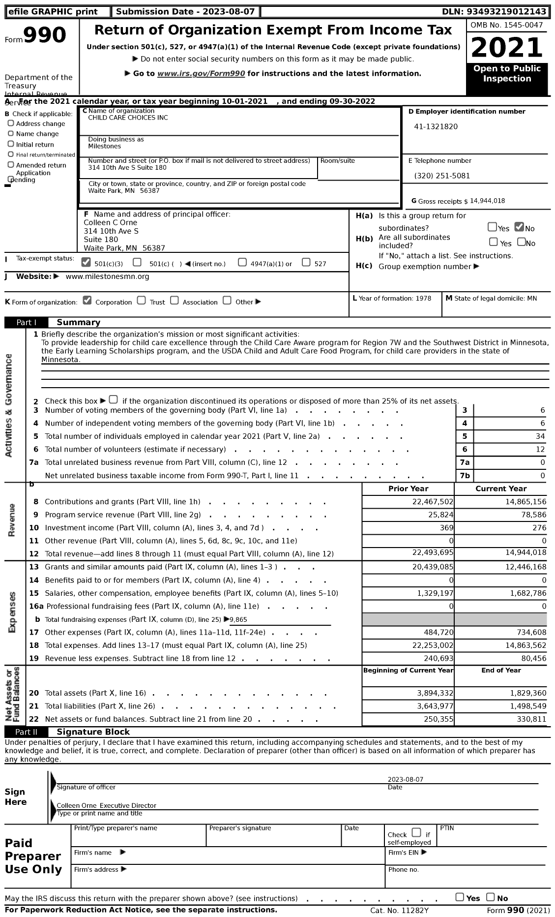 Image of first page of 2021 Form 990 for Milestones / Child Care Choices Inc