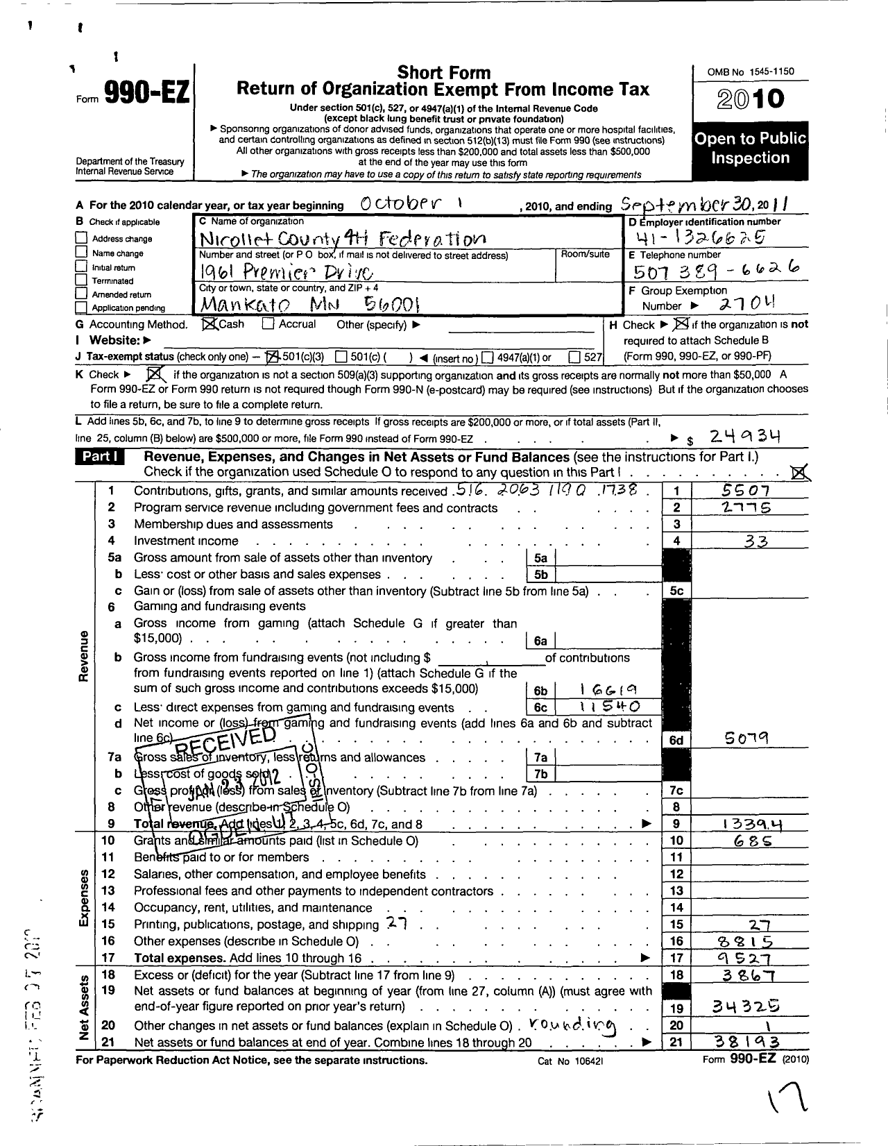 Image of first page of 2010 Form 990EZ for Regents of the University of Minnesota / Nicollet County 4-H Federation MN