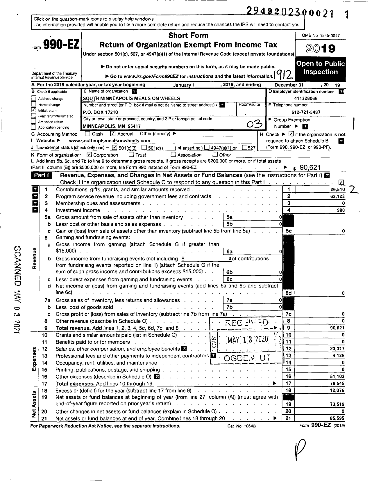 Image of first page of 2019 Form 990EZ for South Minneapolis Meals on Wheels