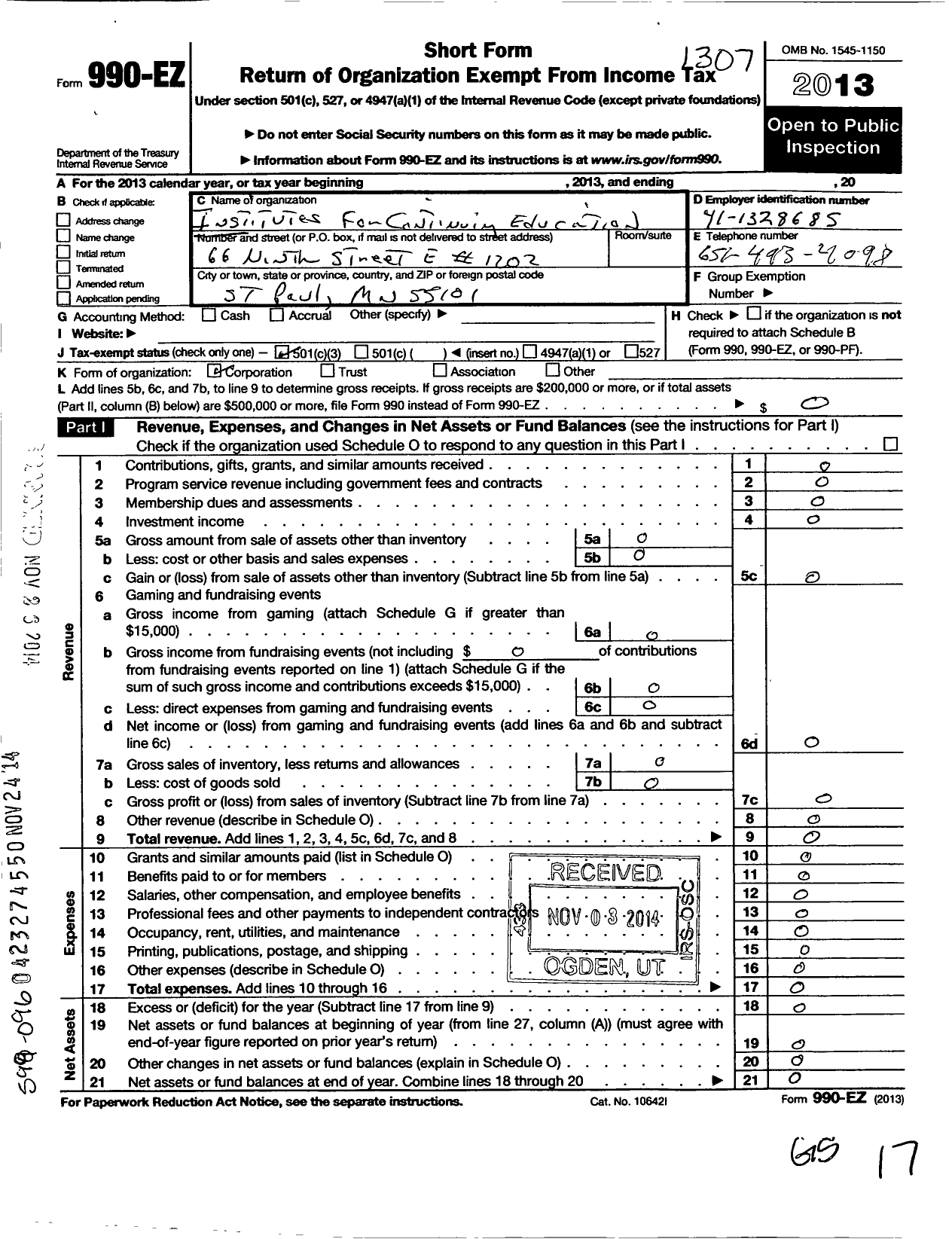 Image of first page of 2012 Form 990EZ for Institutes for Continuing Education