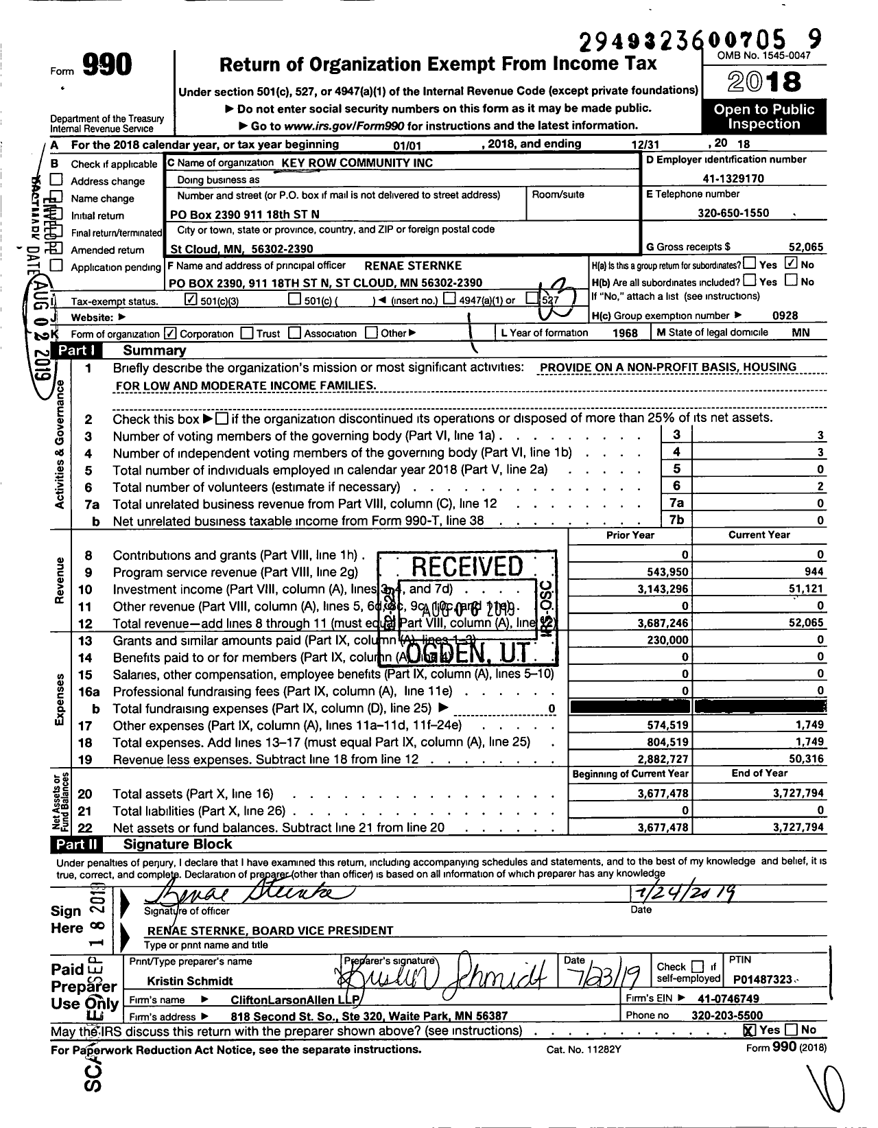 Image of first page of 2018 Form 990 for Key Row Community