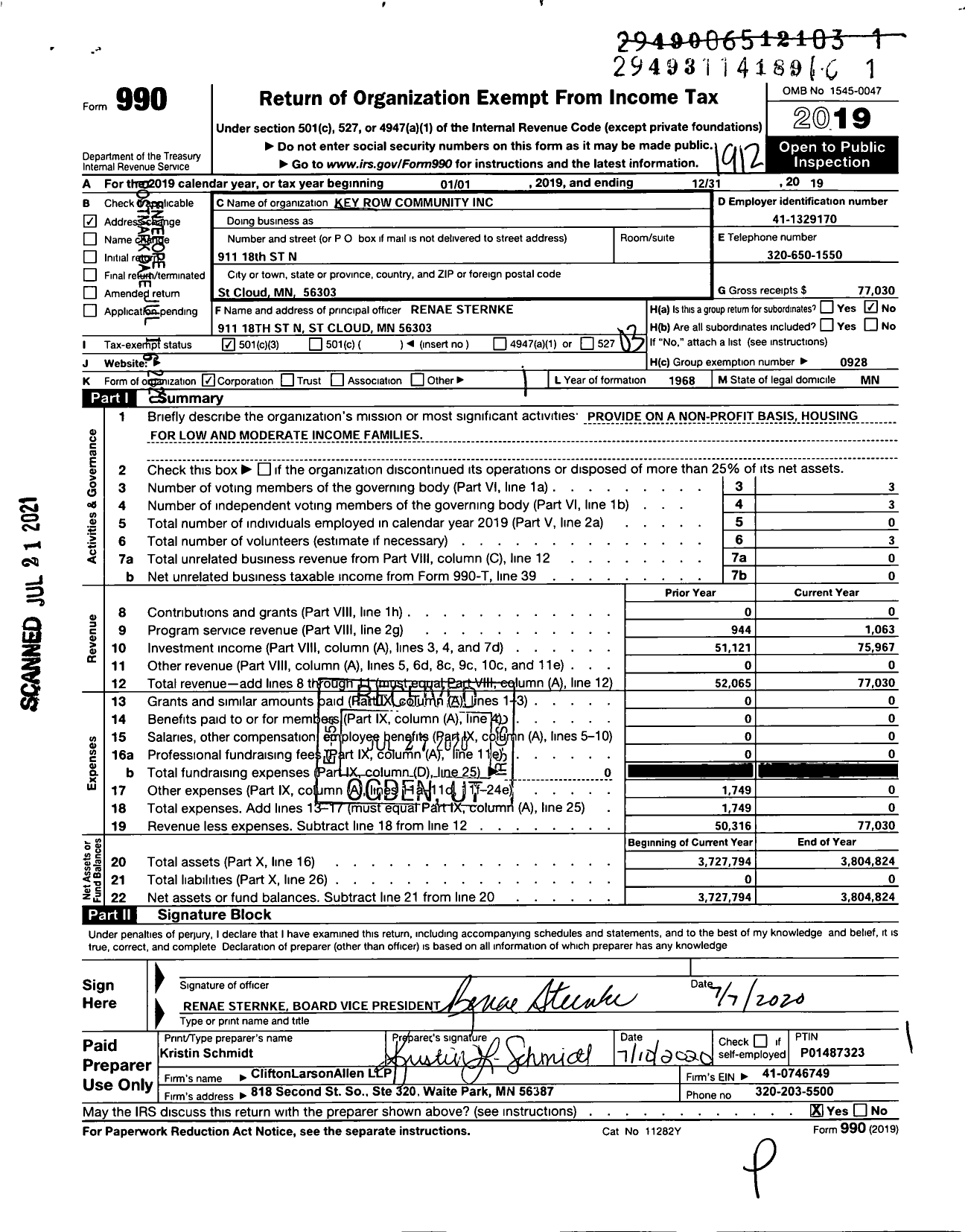 Image of first page of 2019 Form 990 for Key Row Community