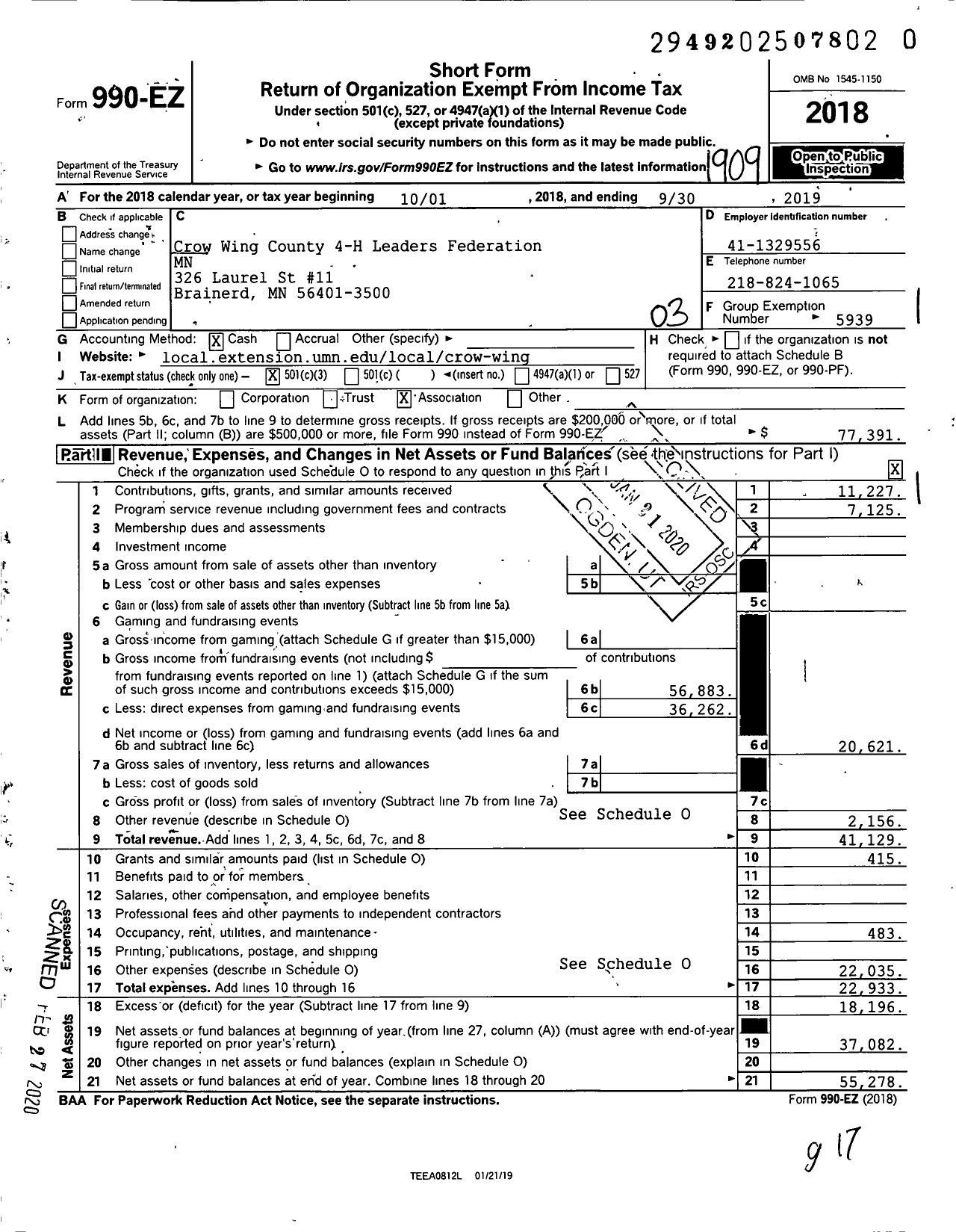 Image of first page of 2018 Form 990EZ for Crow Wing County 4-H Leaders Federation MN