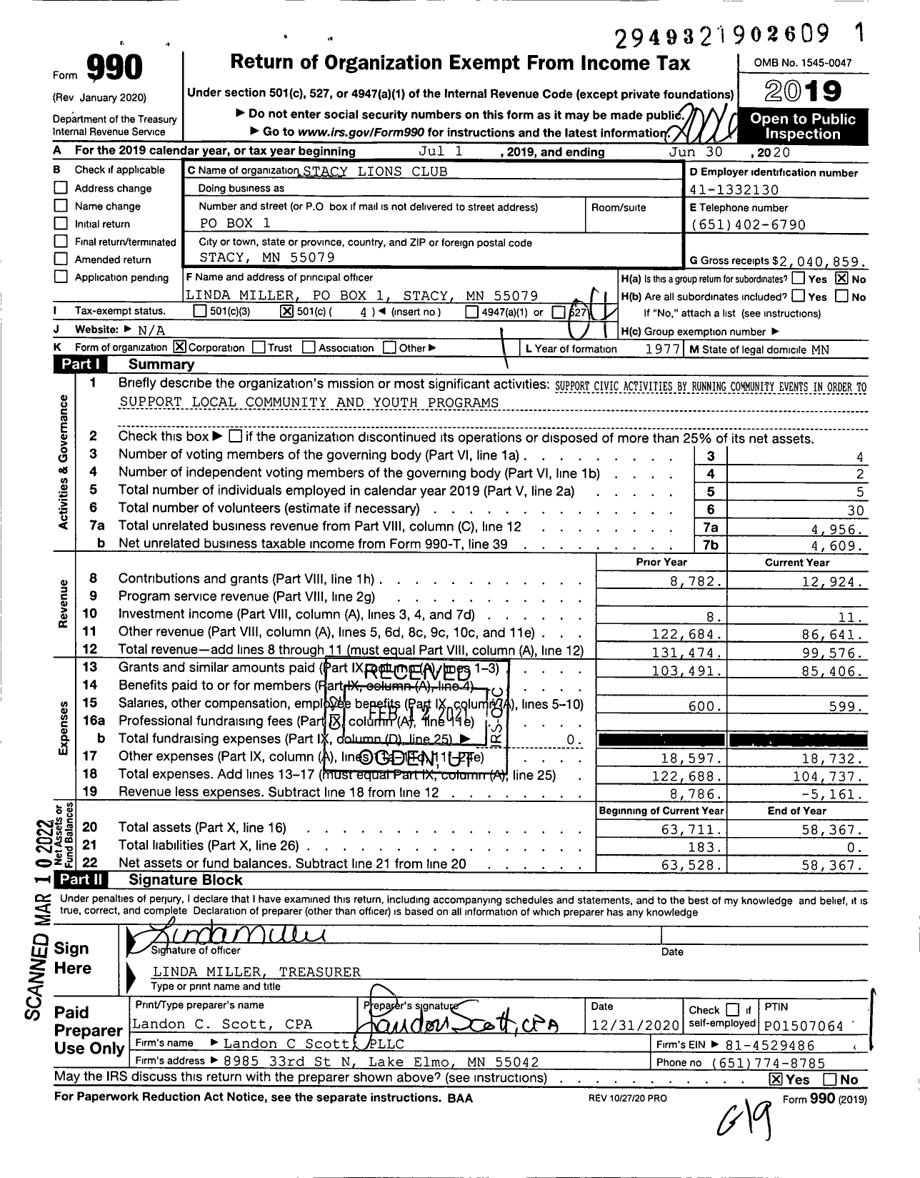 Image of first page of 2019 Form 990O for Lions Clubs - 33294 Stacy Lions Club