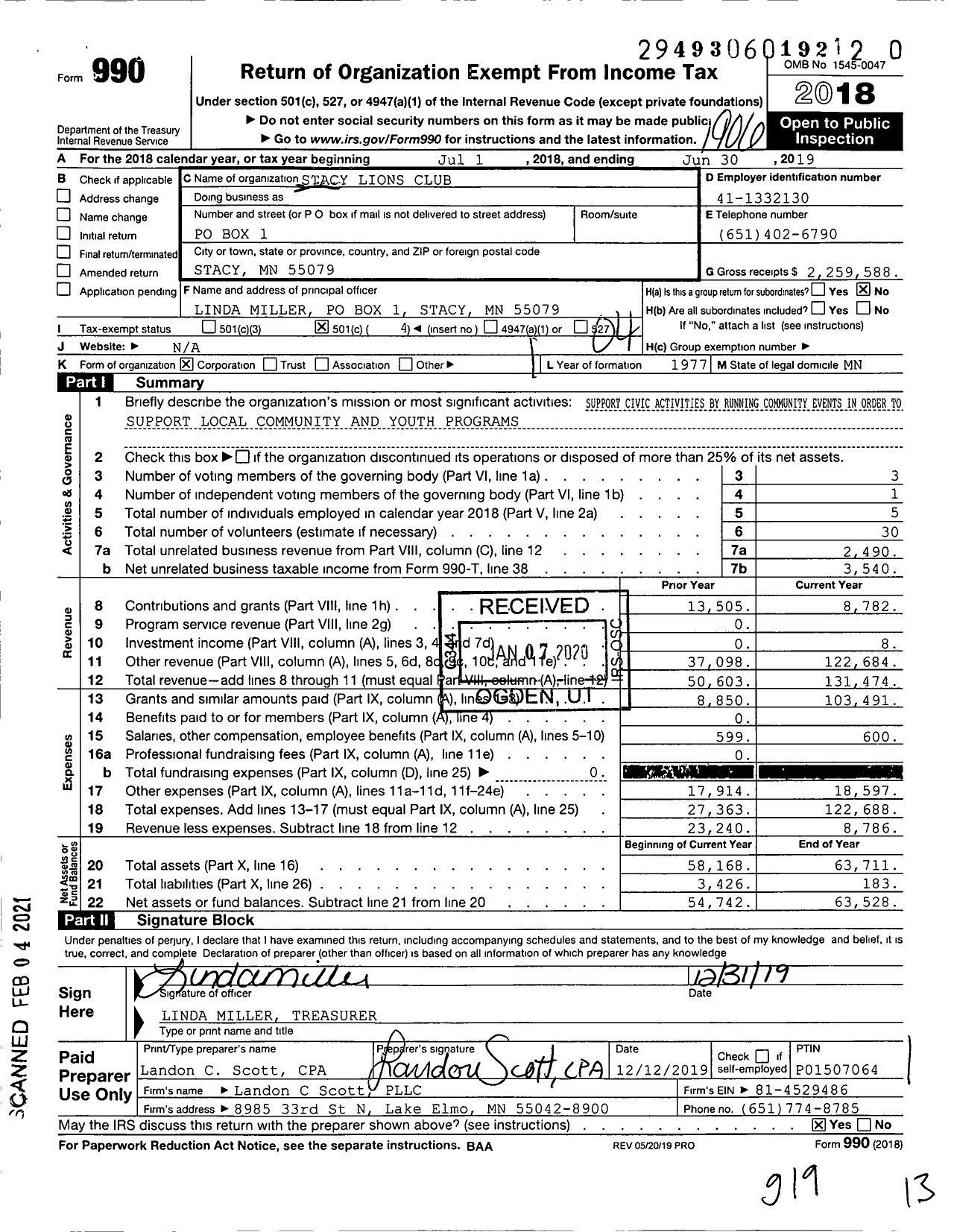 Image of first page of 2018 Form 990O for Lions Clubs - 33294 Stacy Lions Club