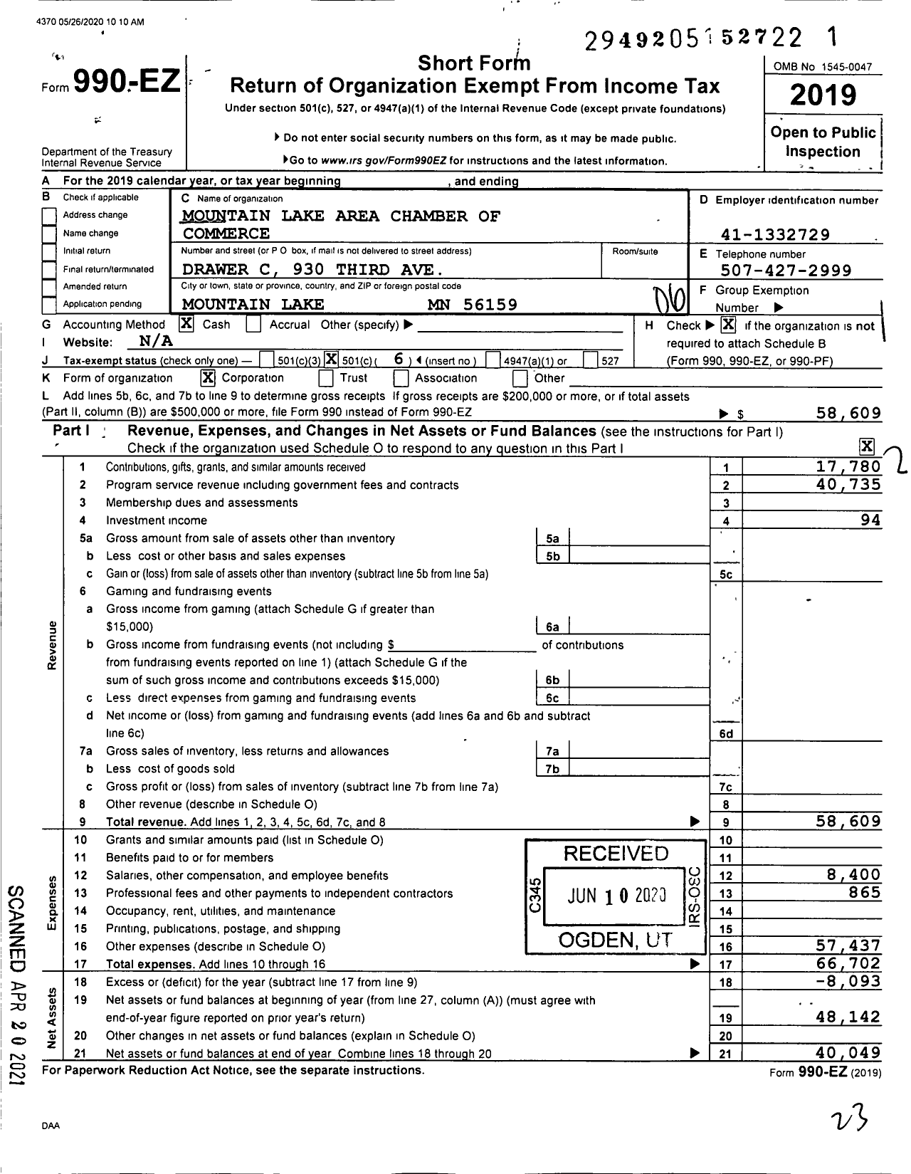 Image of first page of 2019 Form 990EO for Mountain Lake Area Chamber of Commerce