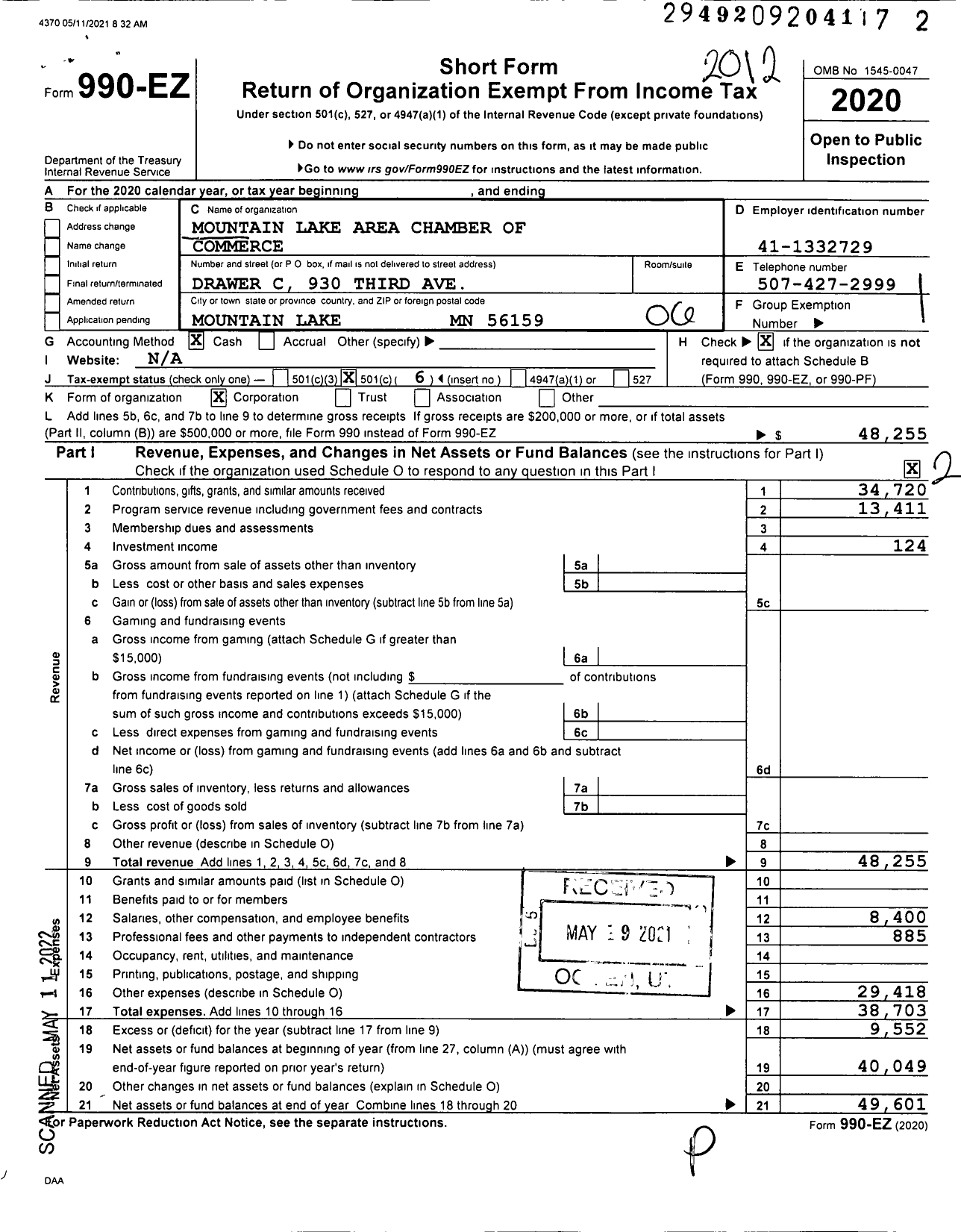 Image of first page of 2020 Form 990EO for Mountain Lake Area Chamber of Commerce