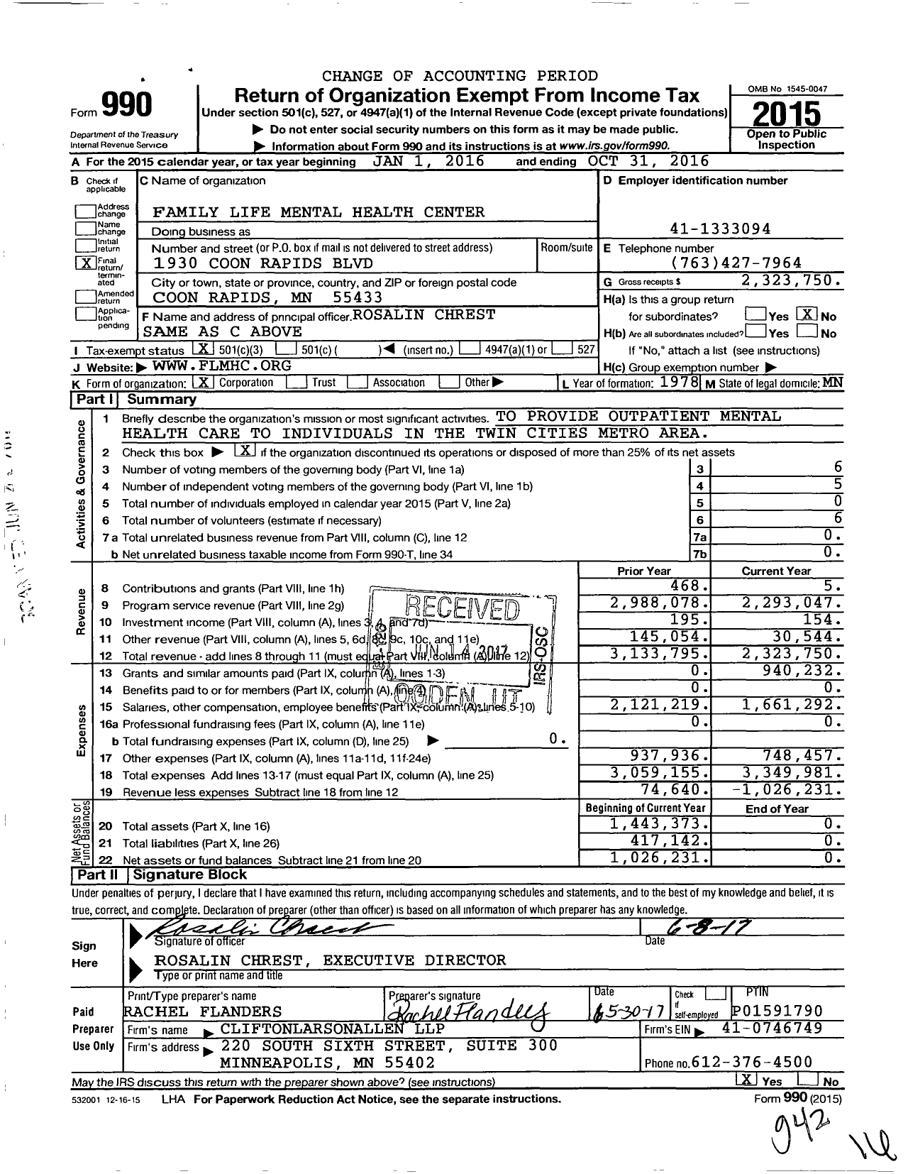 Image of first page of 2015 Form 990 for Family Life Mental Health Center