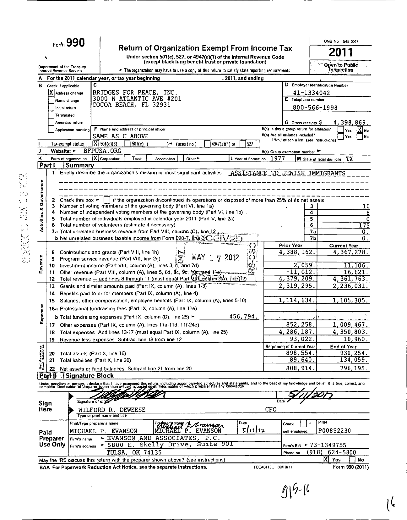 Image of first page of 2011 Form 990 for Bridges for Peace