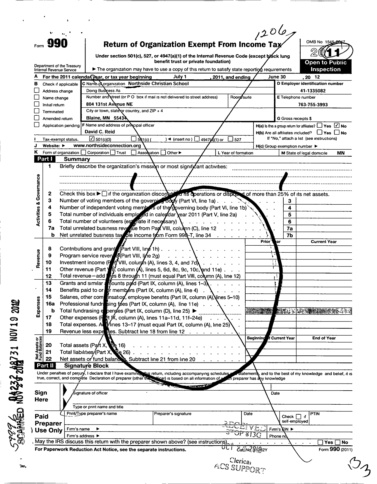 Image of first page of 2011 Form 990 for Northside Christian School