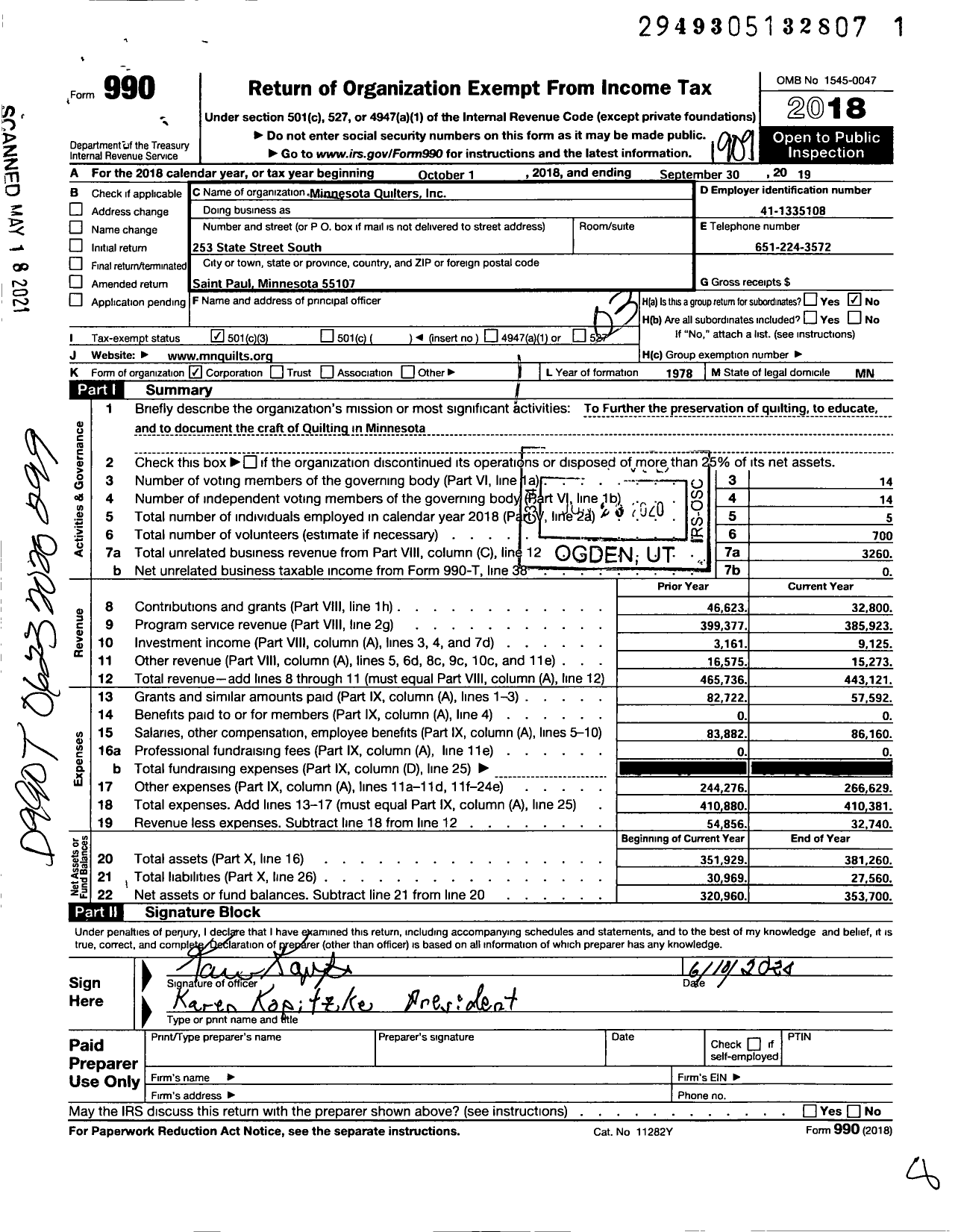 Image of first page of 2018 Form 990 for Minnesota Quilters