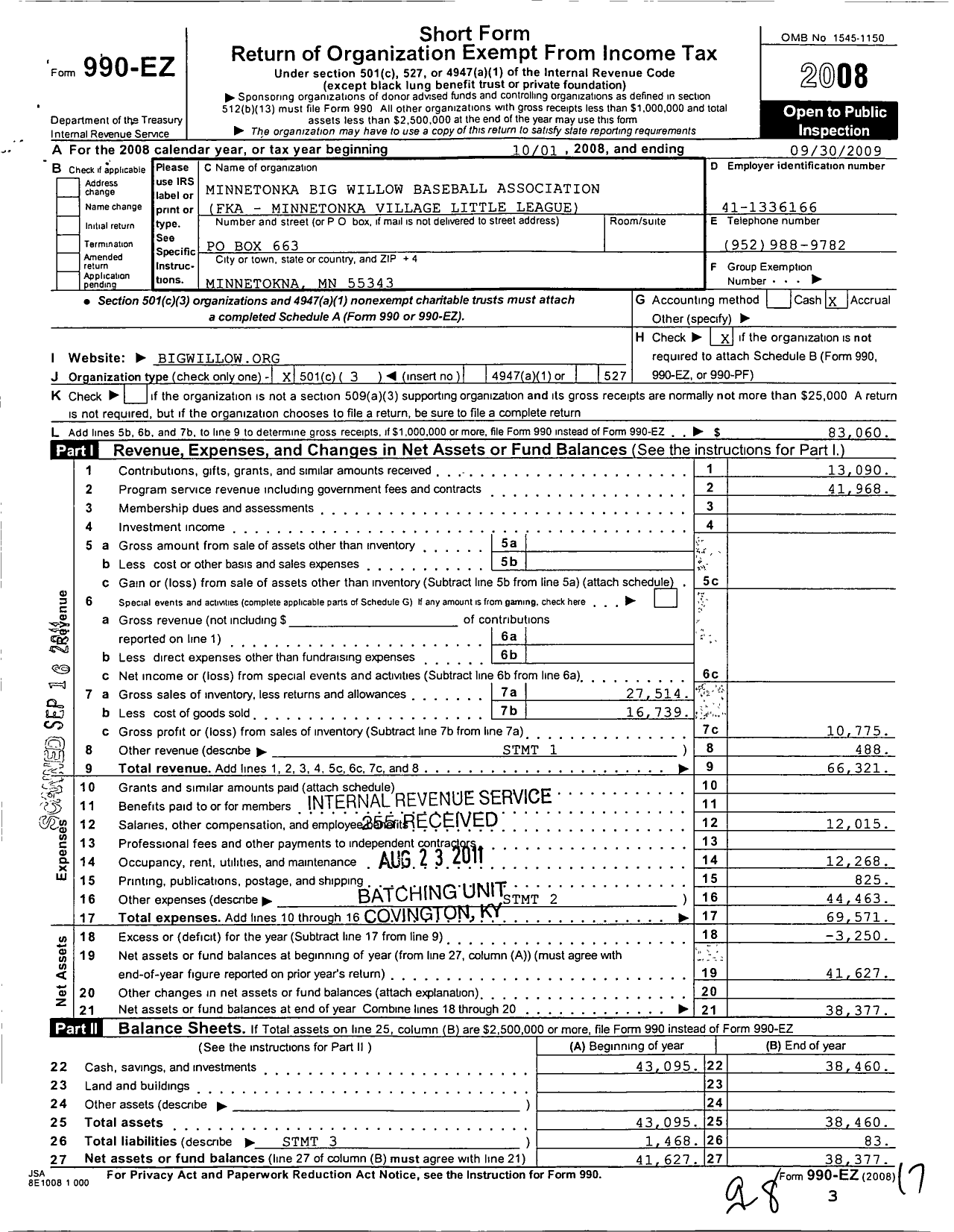 Image of first page of 2008 Form 990EZ for Minnetonka Big Willow Baseball Association