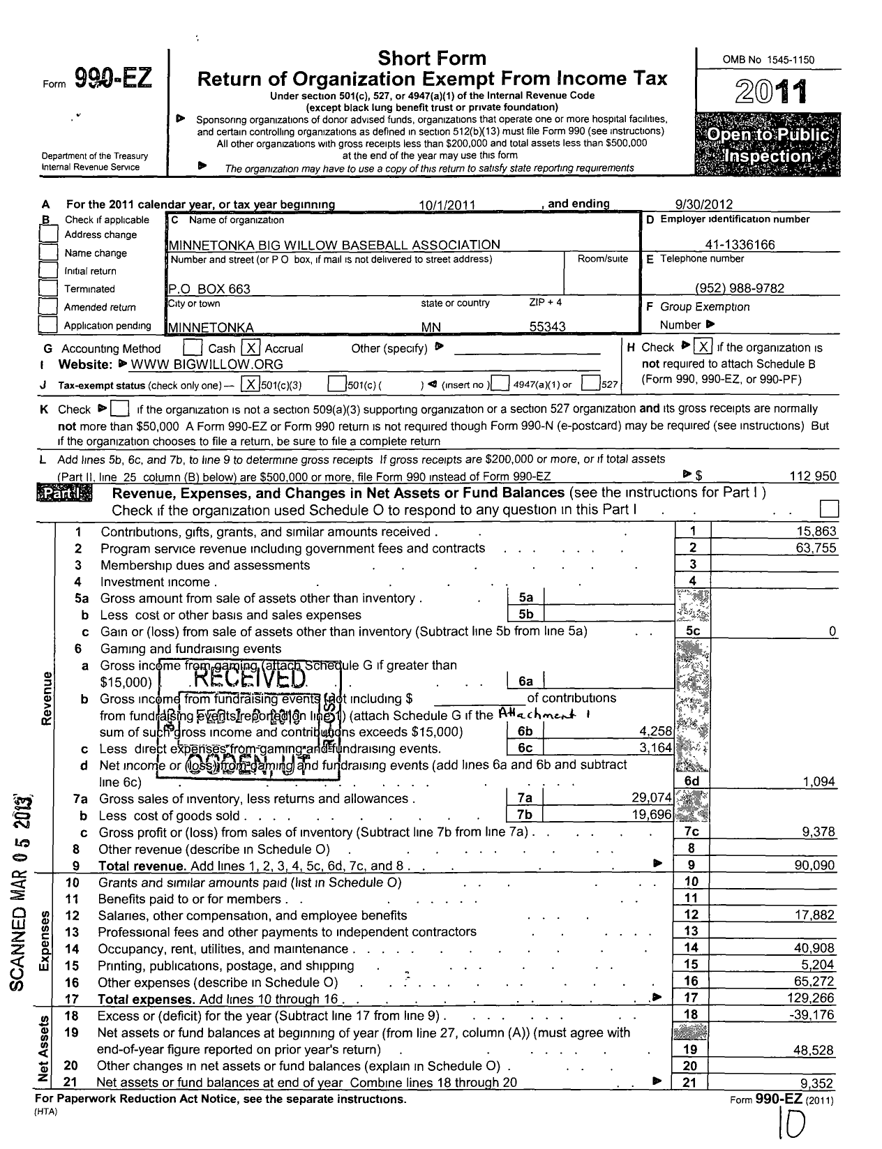 Image of first page of 2011 Form 990EZ for Minnetonka Big Willow Baseball Association