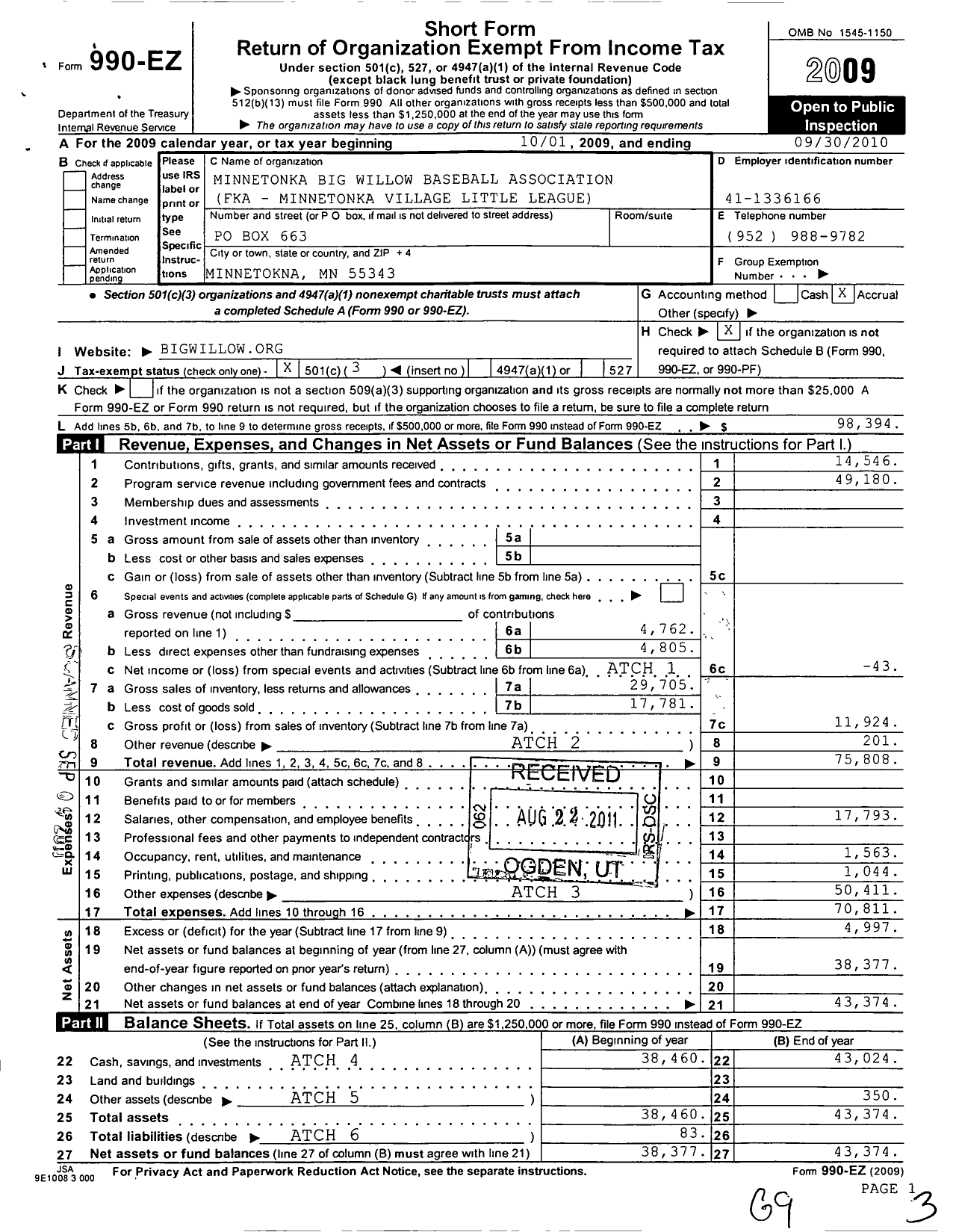 Image of first page of 2009 Form 990EZ for Minnetonka Big Willow Baseball Association