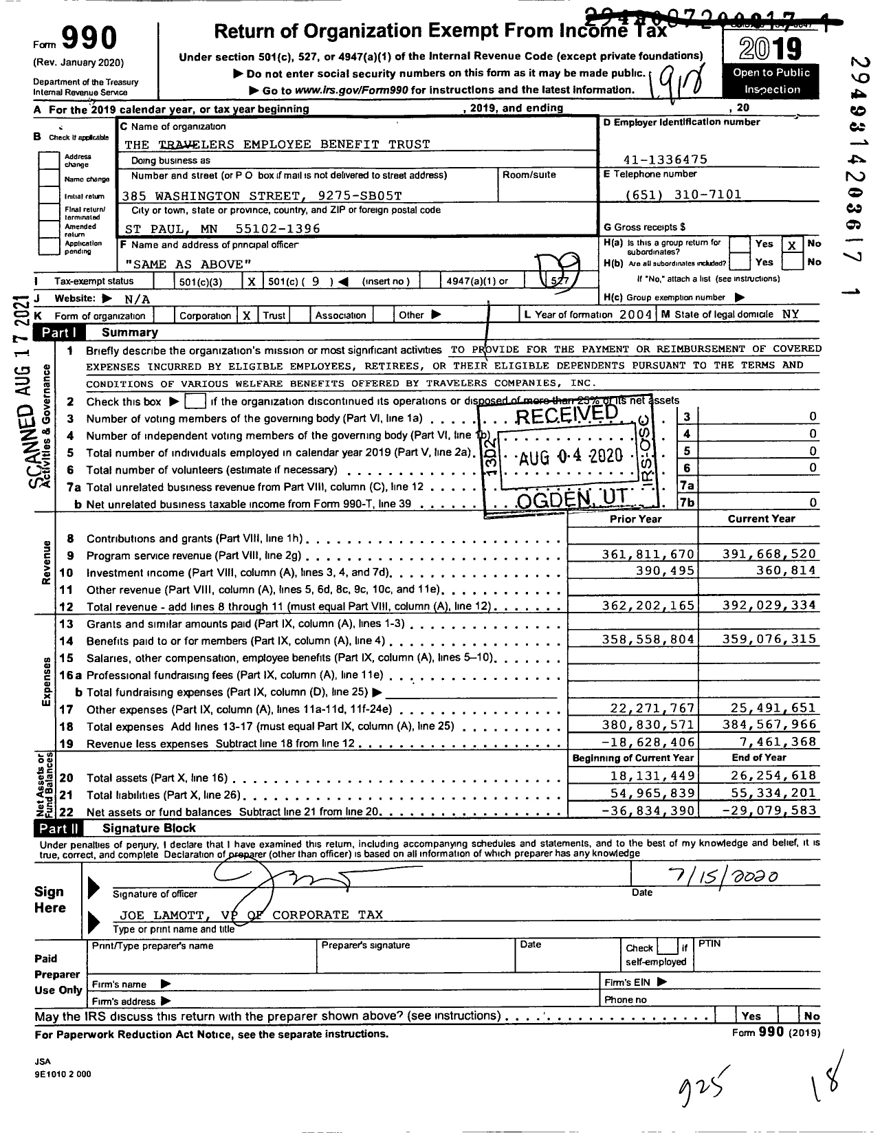 Image of first page of 2019 Form 990O for The Travelers Employee Benefit Trust