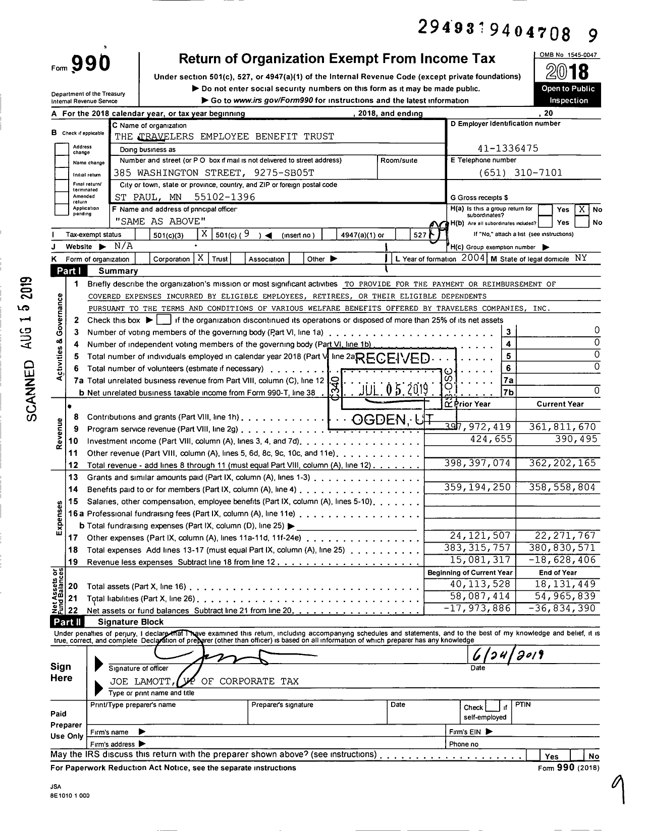 Image of first page of 2018 Form 990O for The Travelers Employee Benefit Trust