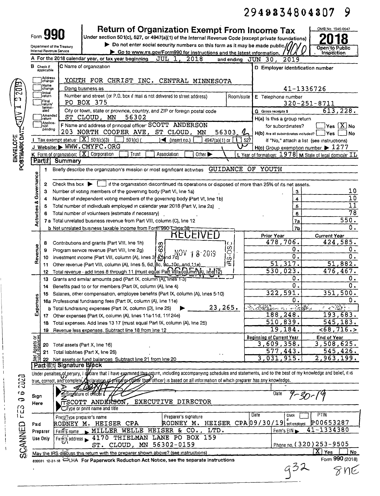 Image of first page of 2018 Form 990 for Youth for Christ - Central Minnesota