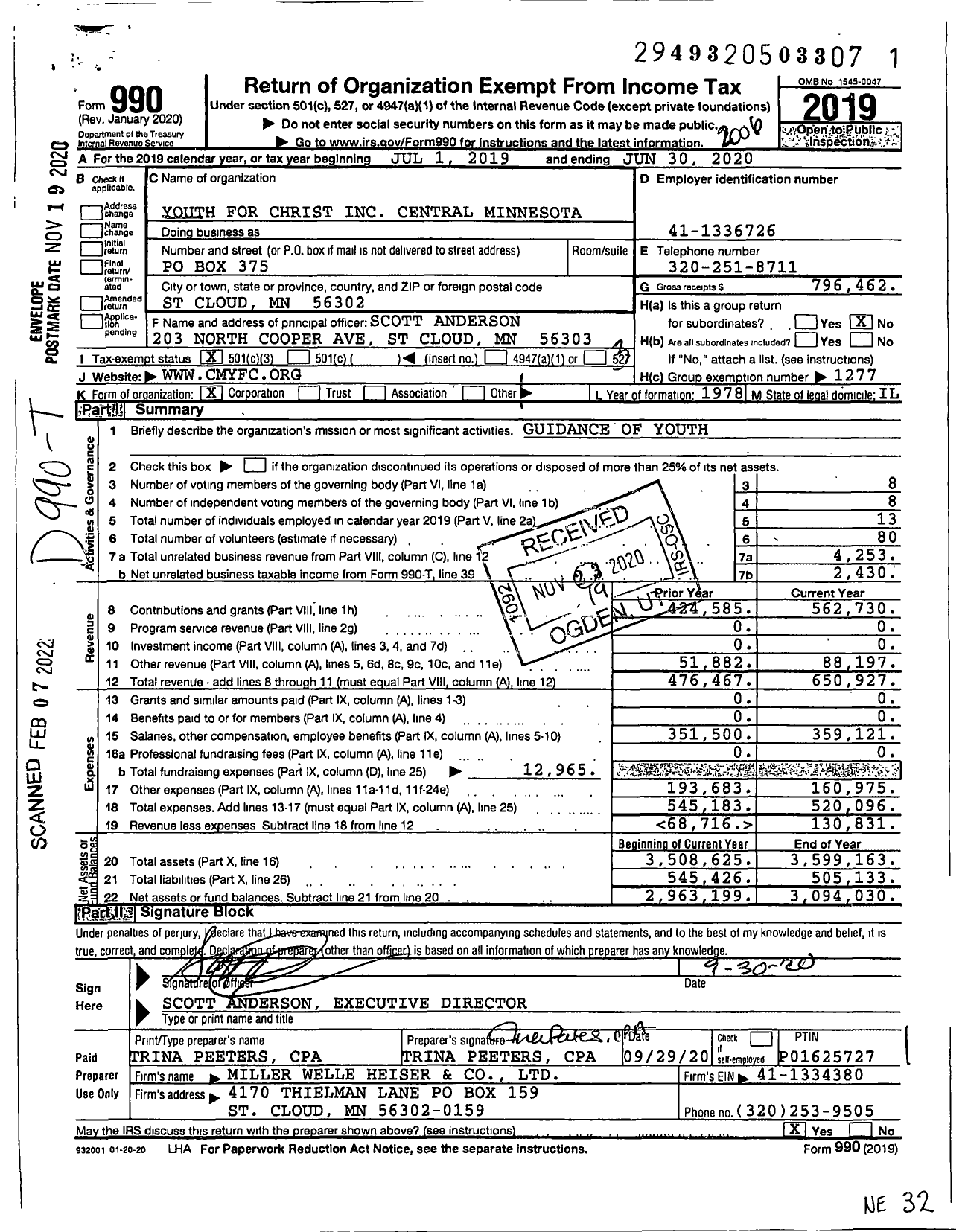 Image of first page of 2019 Form 990 for Youth for Christ - Central Minnesota