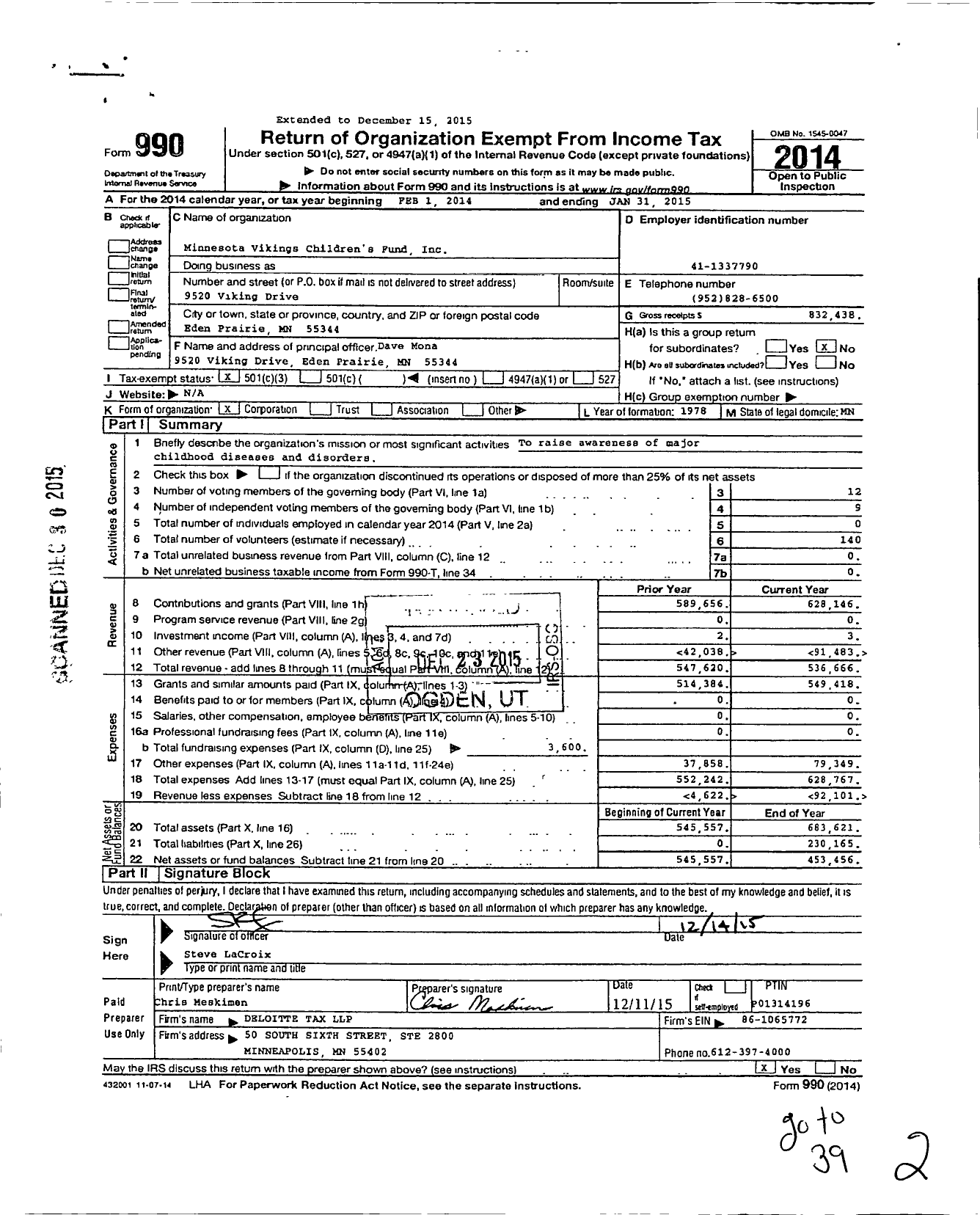 Image of first page of 2014 Form 990 for Minnesota Vikings Childrens Fund