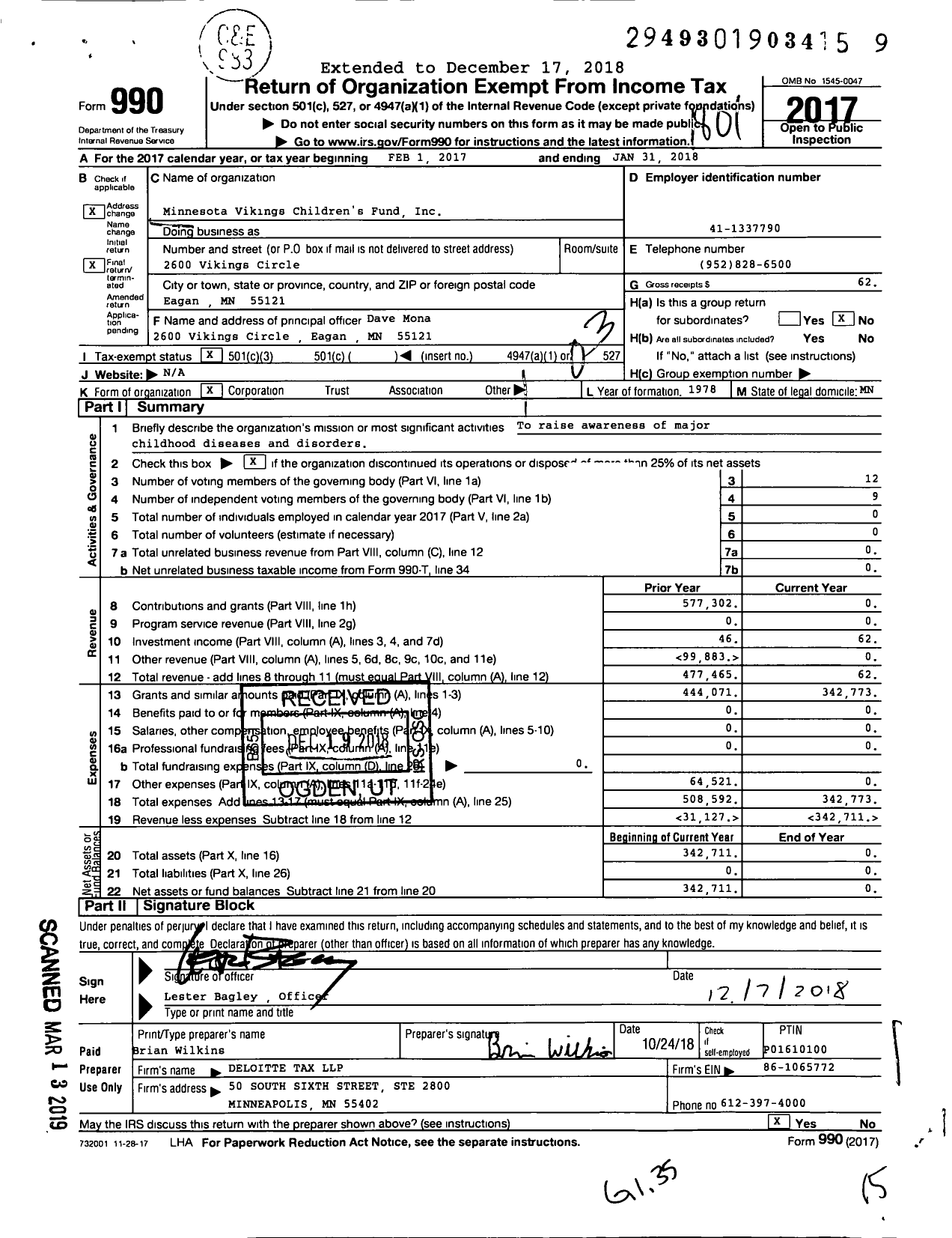 Image of first page of 2017 Form 990 for Minnesota Vikings Childrens Fund