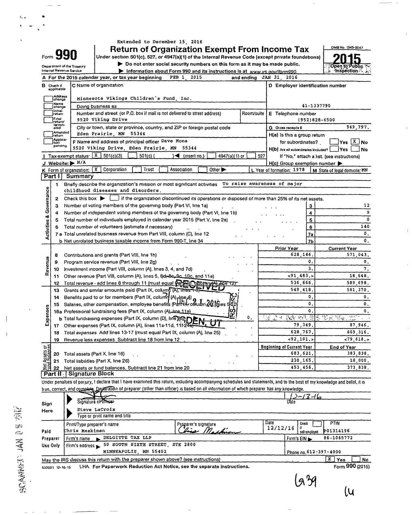 Image of first page of 2015 Form 990 for Minnesota Vikings Childrens Fund