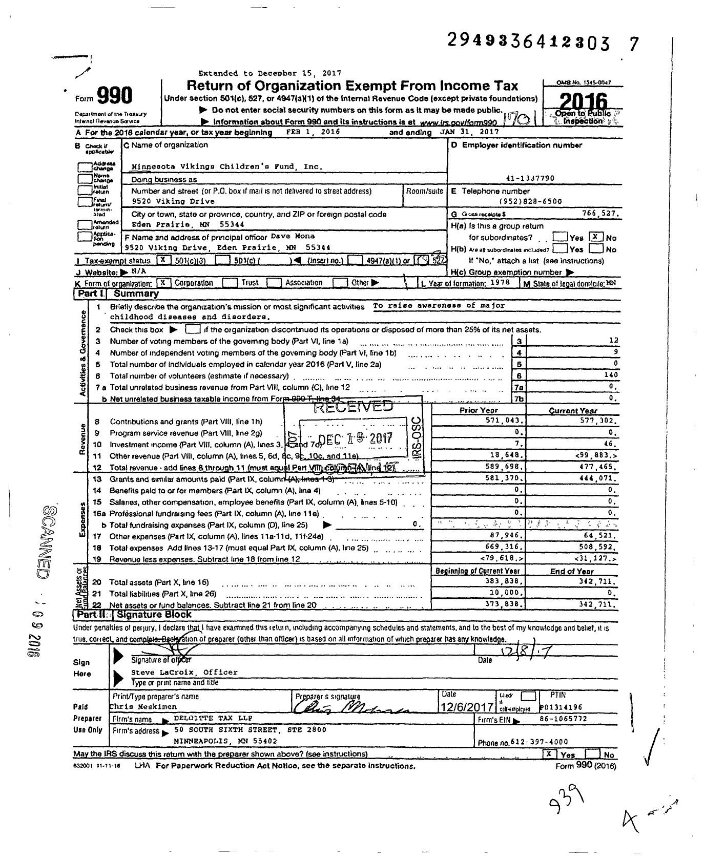 Image of first page of 2016 Form 990 for Minnesota Vikings Childrens Fund