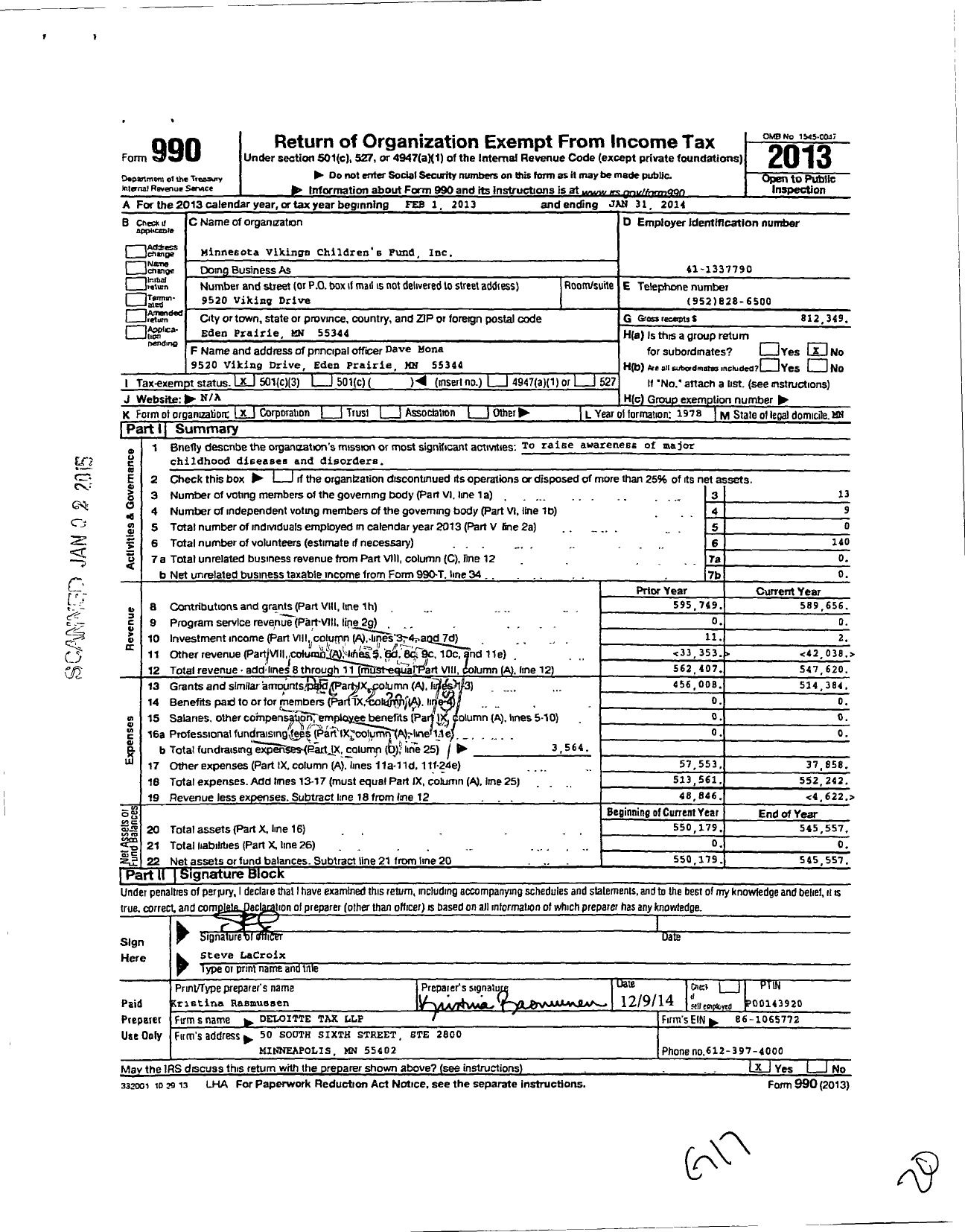 Image of first page of 2013 Form 990 for Minnesota Vikings Childrens Fund