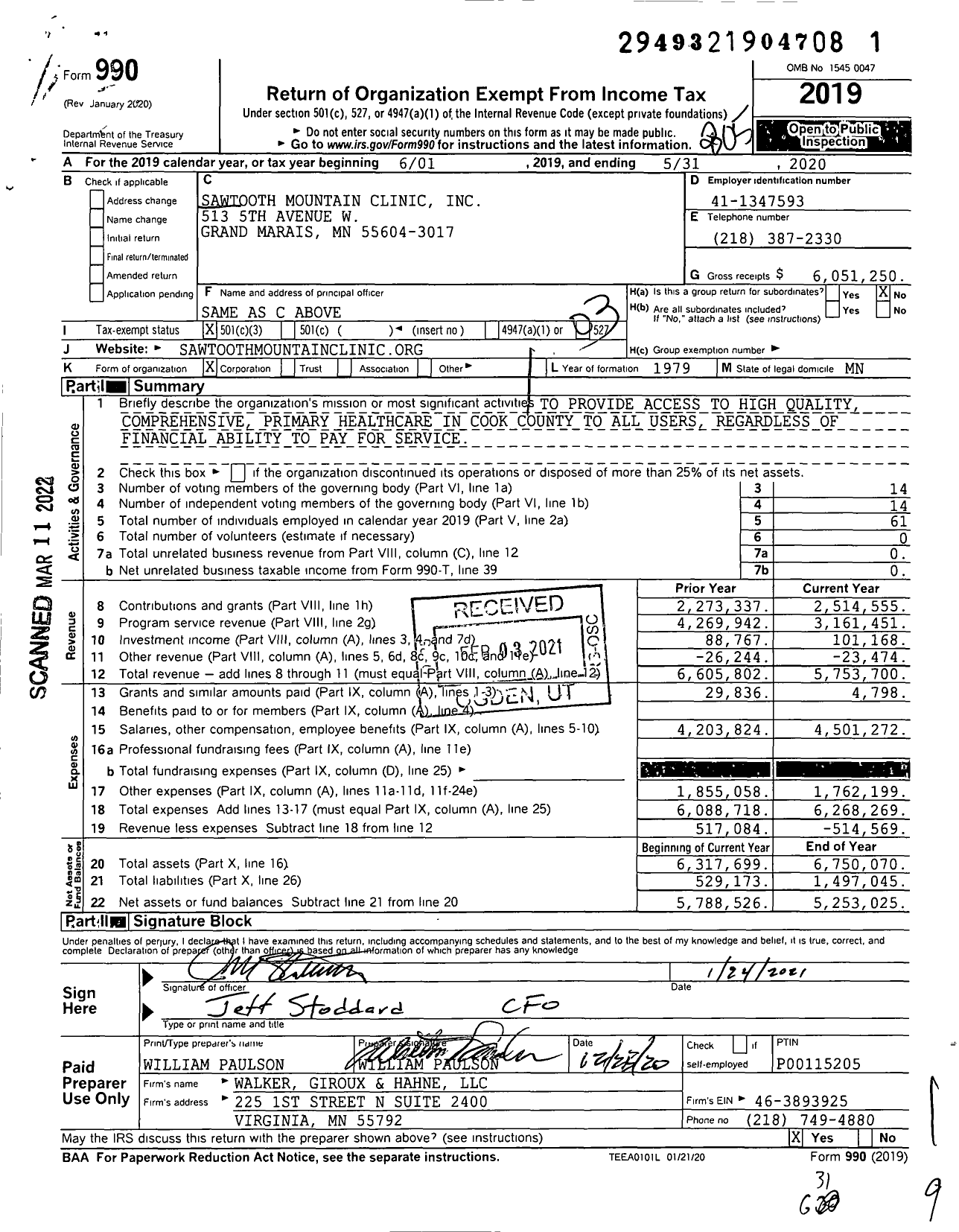 Image of first page of 2019 Form 990 for Sawtooth Mountain Clinic